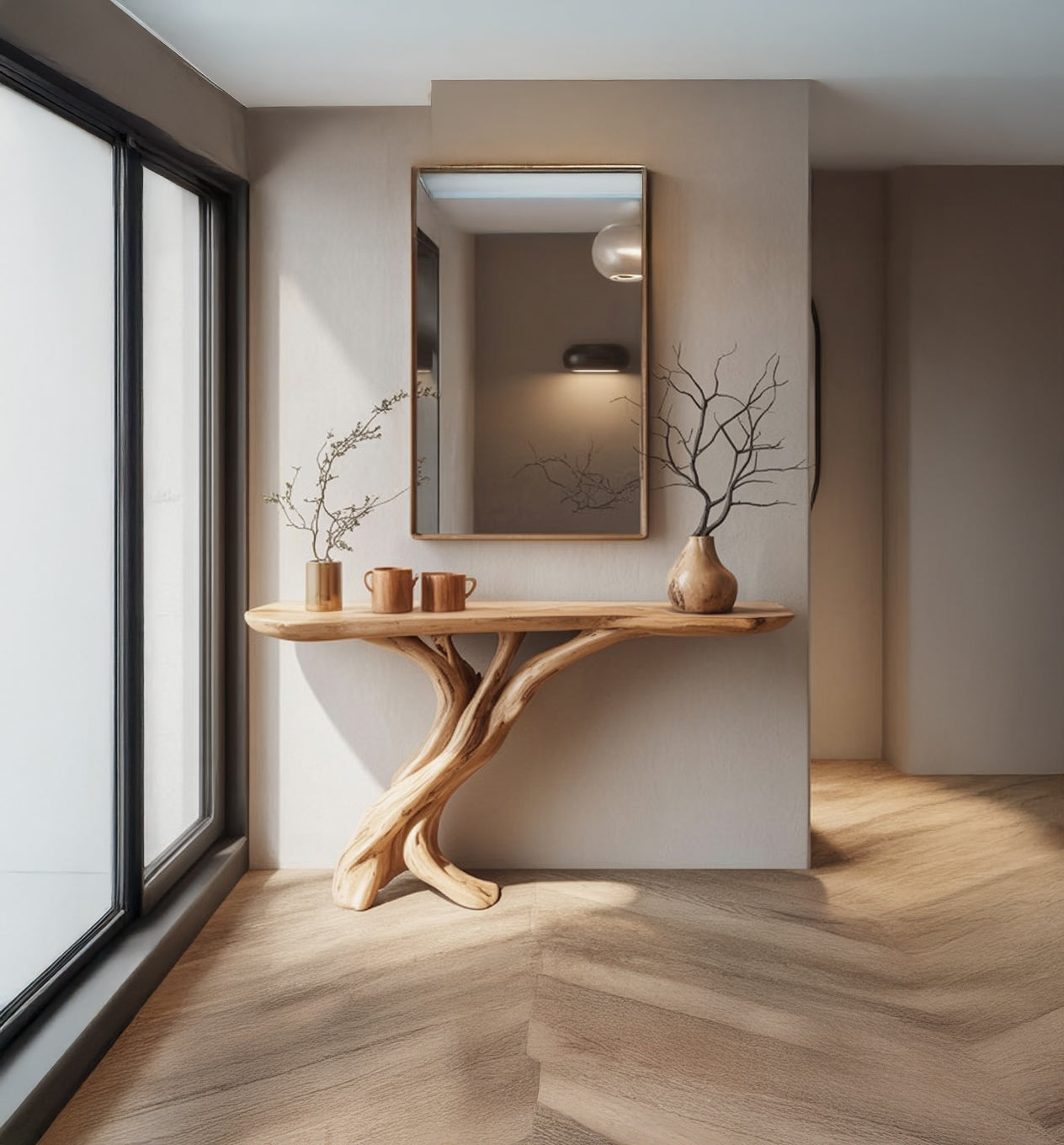 Rustikaler Konsolentisch im Treibholz-Stil – Massivholz mit Skulpturalem Gestell