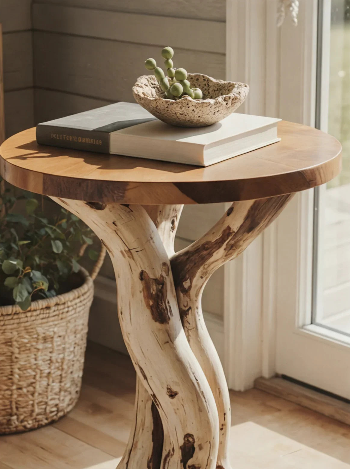 Baumkanten-Beistelltisch aus Massivholz mit gedrehtem Fuß, Büchern und Keramikschale im Sonnenlicht