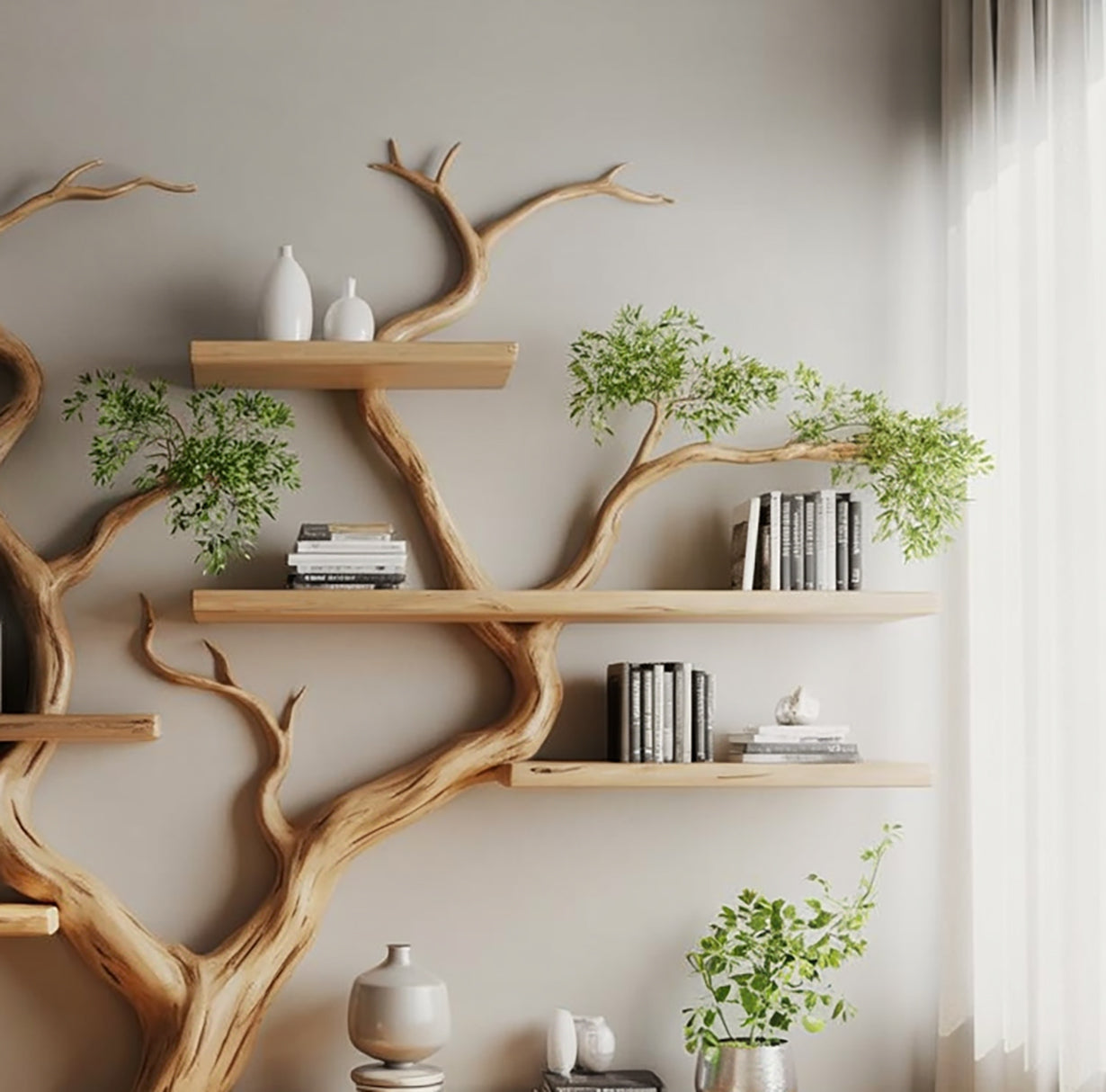 Live-Edge Baumast-Bücherregal – Handgefertigtes Holzregal für Zuhause