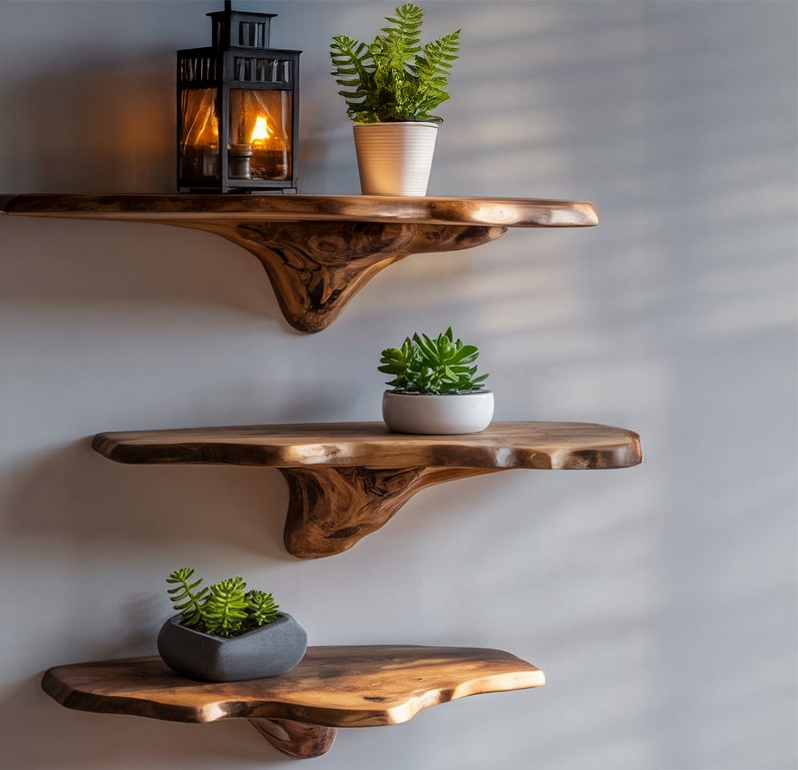 Live-Edge Schweberegale aus Massivholz – handgefertigte Wandregale