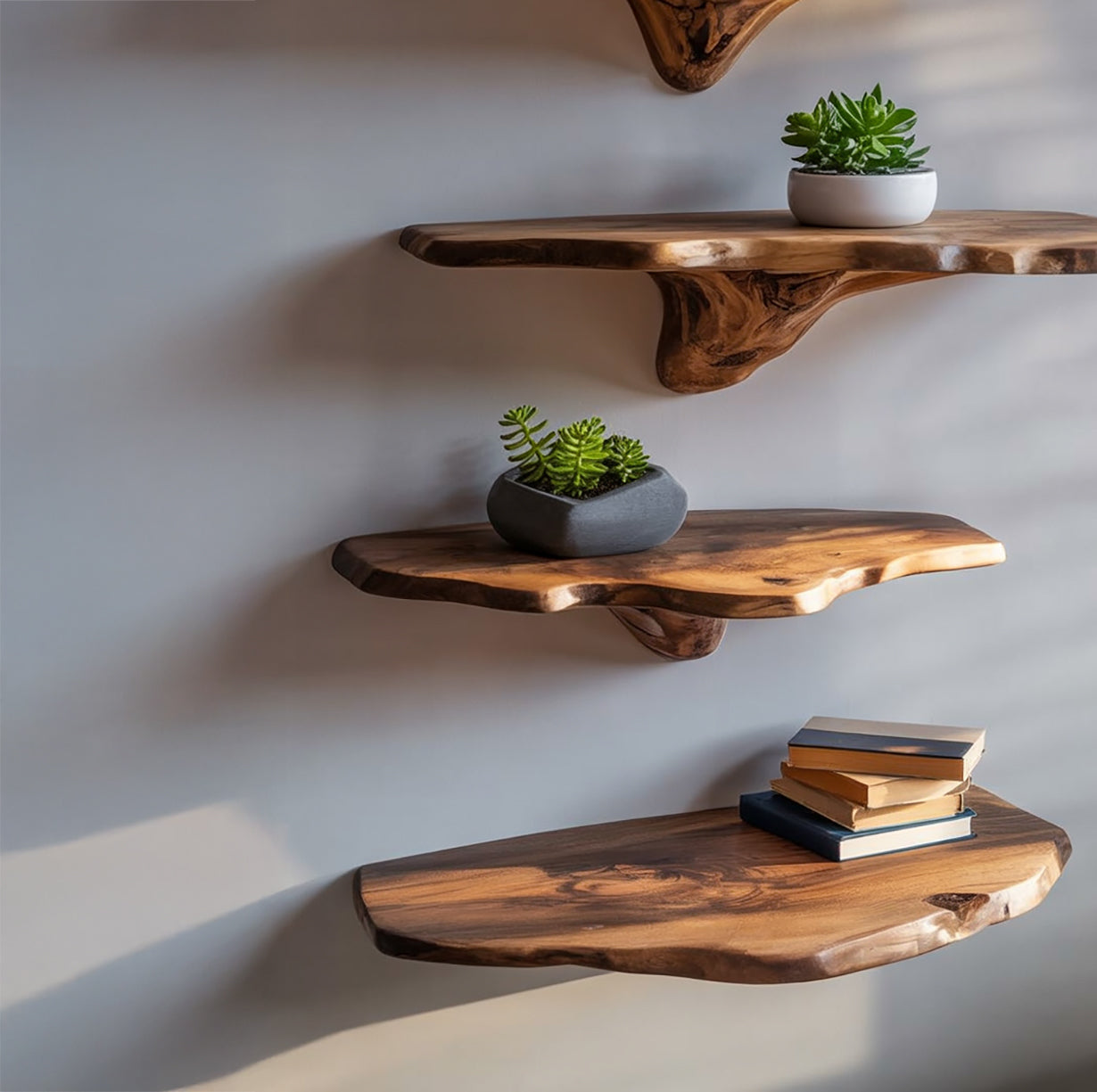 Live-Edge Schweberegale aus Massivholz – handgefertigte Wandregale