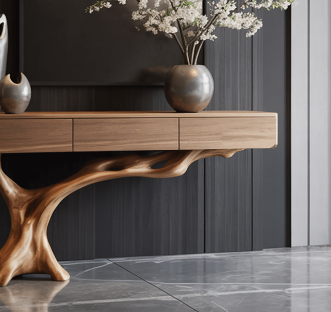 Live-Edge Konsolentisch aus Massivholz mit handgefertigtem Holzgestell