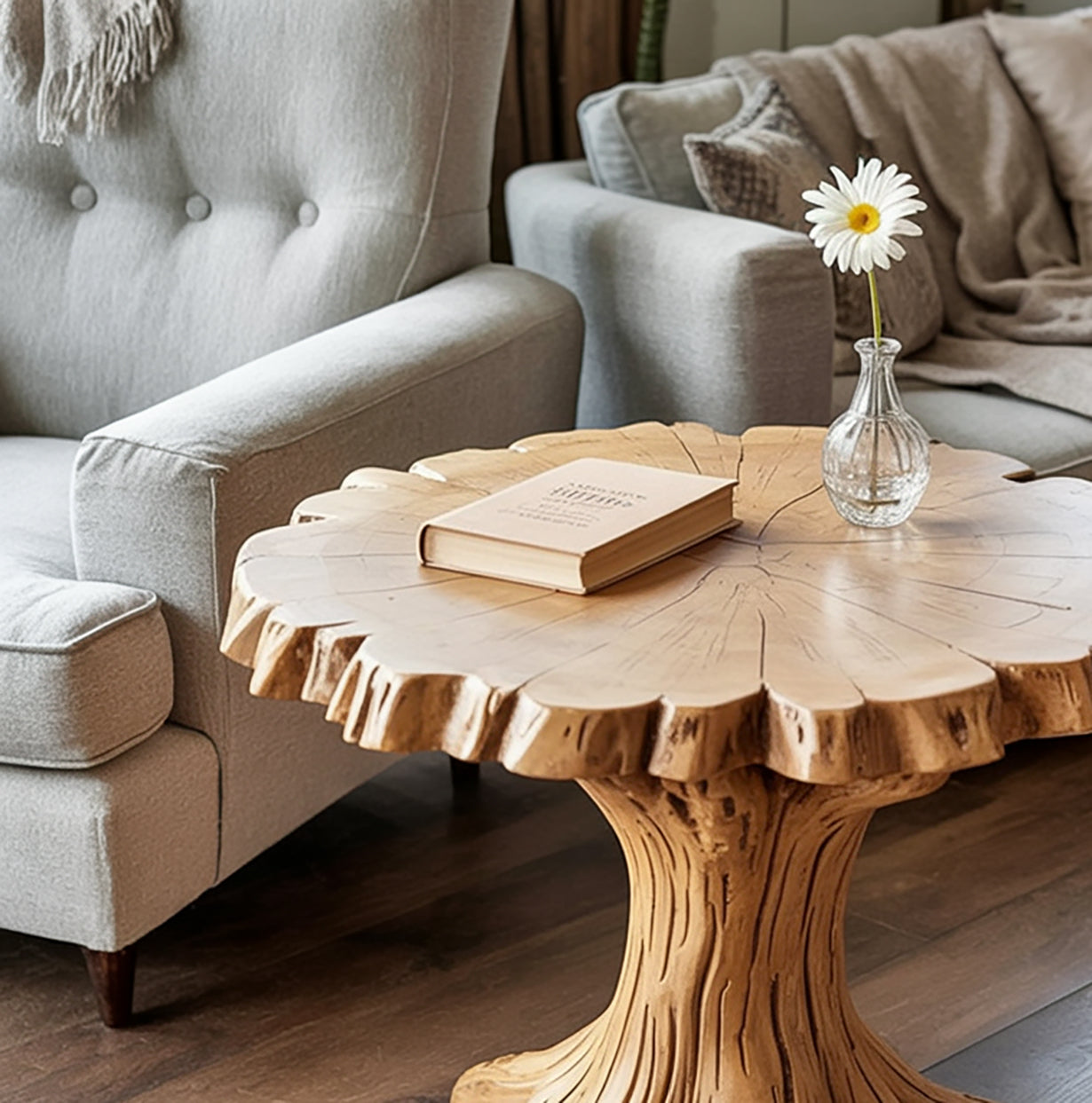 Runder Couchtisch aus Massivholz – Live Edge Baumstamm Design