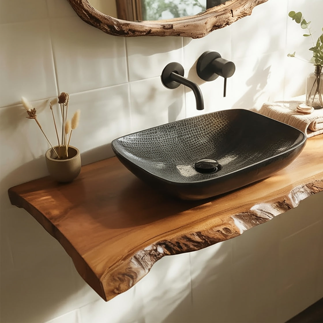 Live-Edge Badezimmer-Waschtisch aus Massivholz – handgefertigte Holzplatte