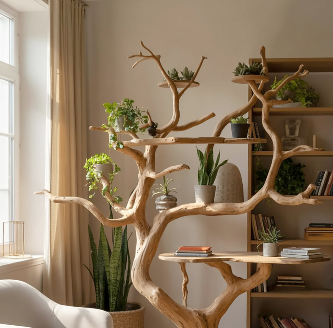 Natural wood cat tree with plants and books in a cozy sunlit living room