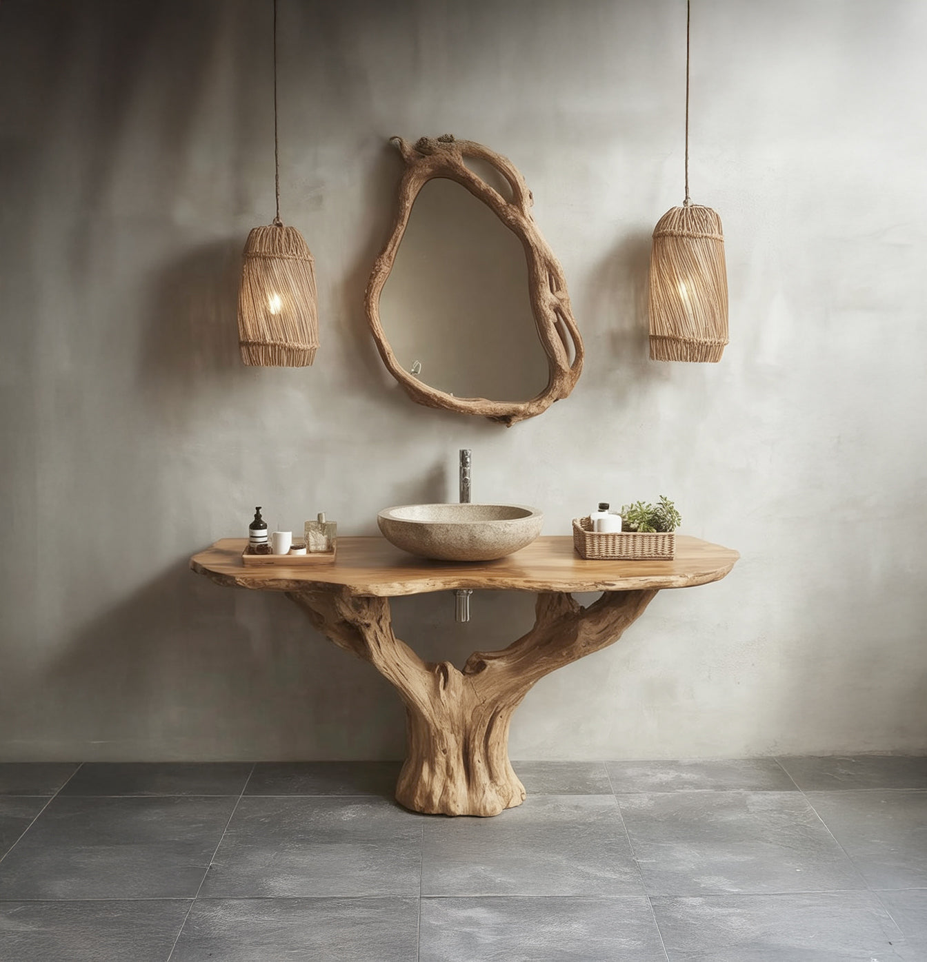 Handgefertigter Massivholz-Badezimmerwaschtisch – Live-Edge Skulpturaler Tisch