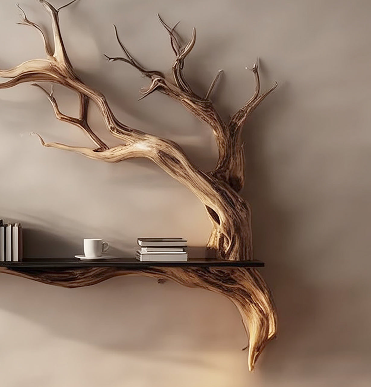 Handgefertigtes Holzbaum-Wandregal – Rustikales Ast-Bücherregal
