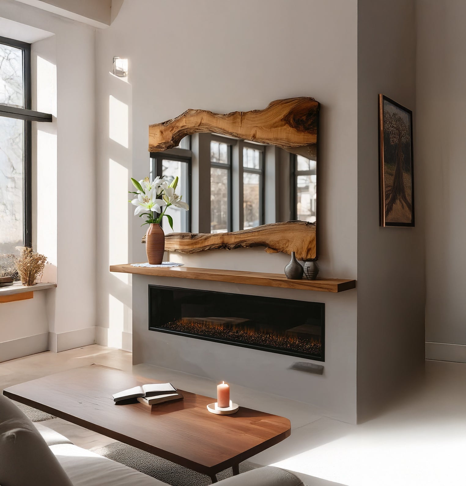 Handgefertigter Olivenholz-Wandspiegel – rustikal mit Naturkante, LED und Epoxid-Design