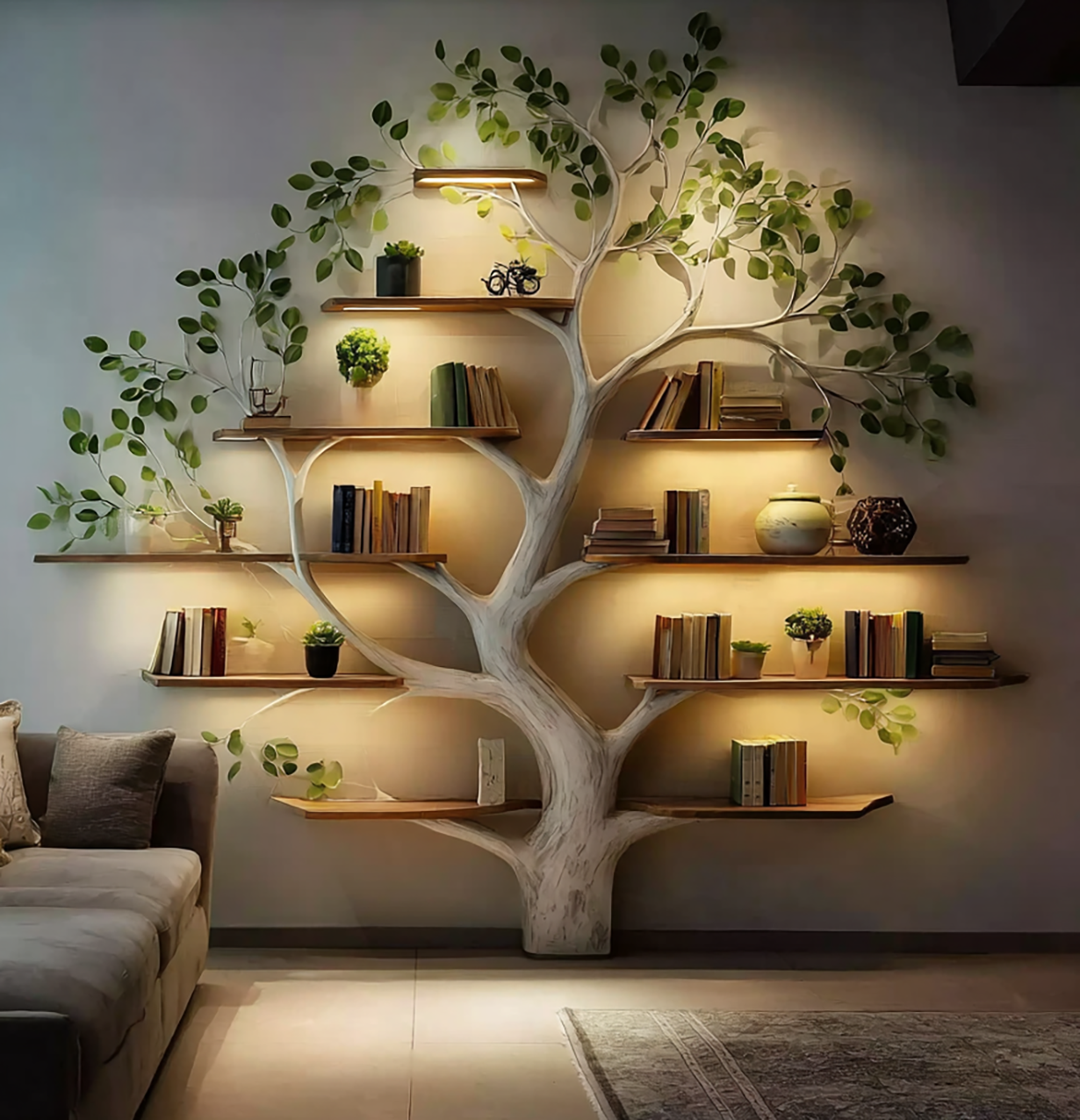 Handgefertigtes Baum-Bücherregal – Wandregal aus Naturholz