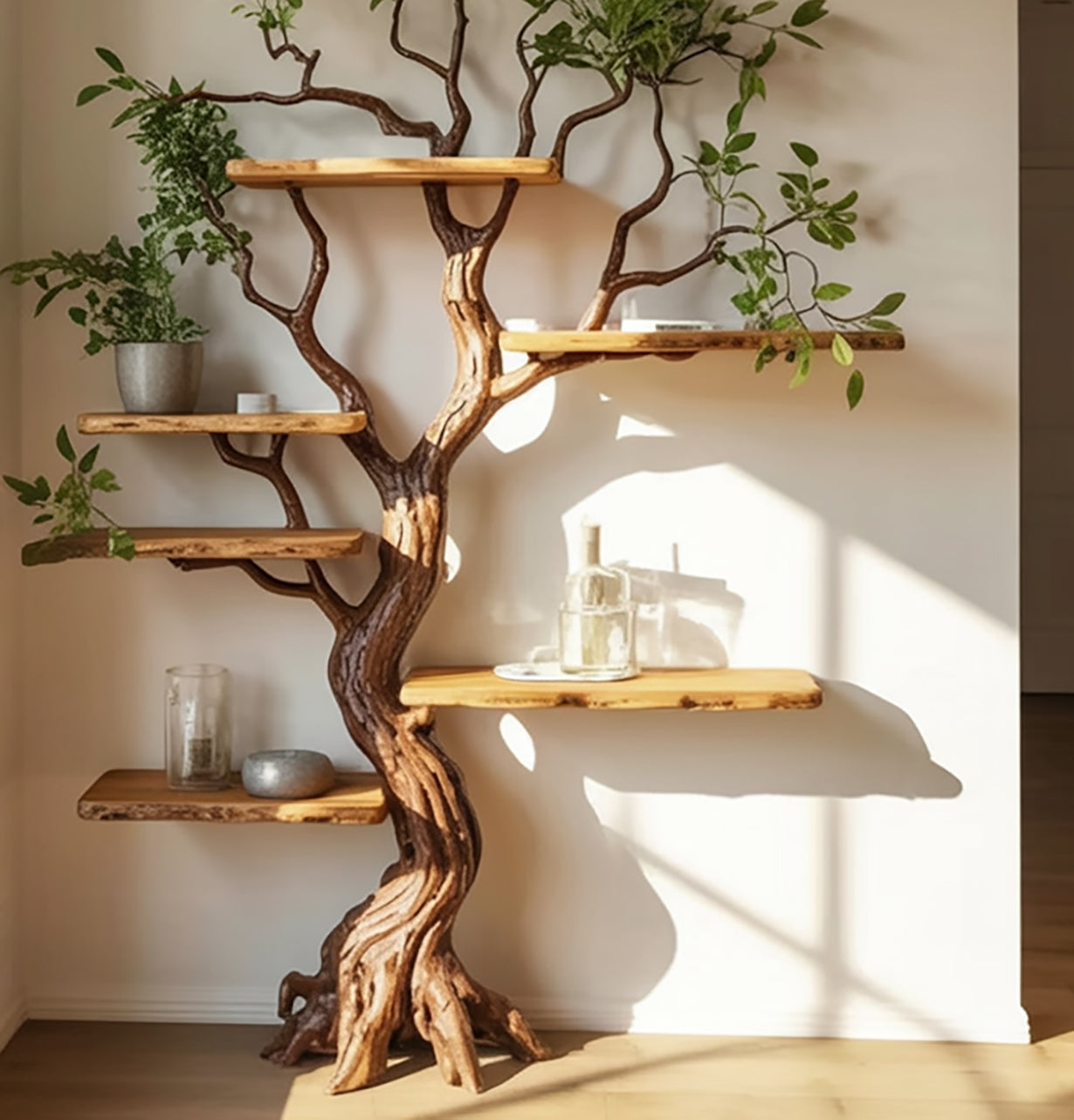 Handgefertigtes Massivholz-Bücherregal – Live Edge Ast Design für Wohnkultur