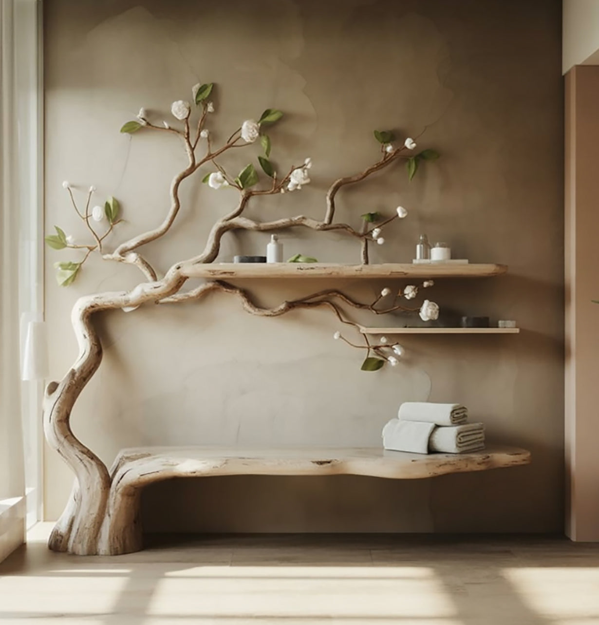 Handgefertigtes Baum-inspiriertes Wandregal & Bank aus Massivholz