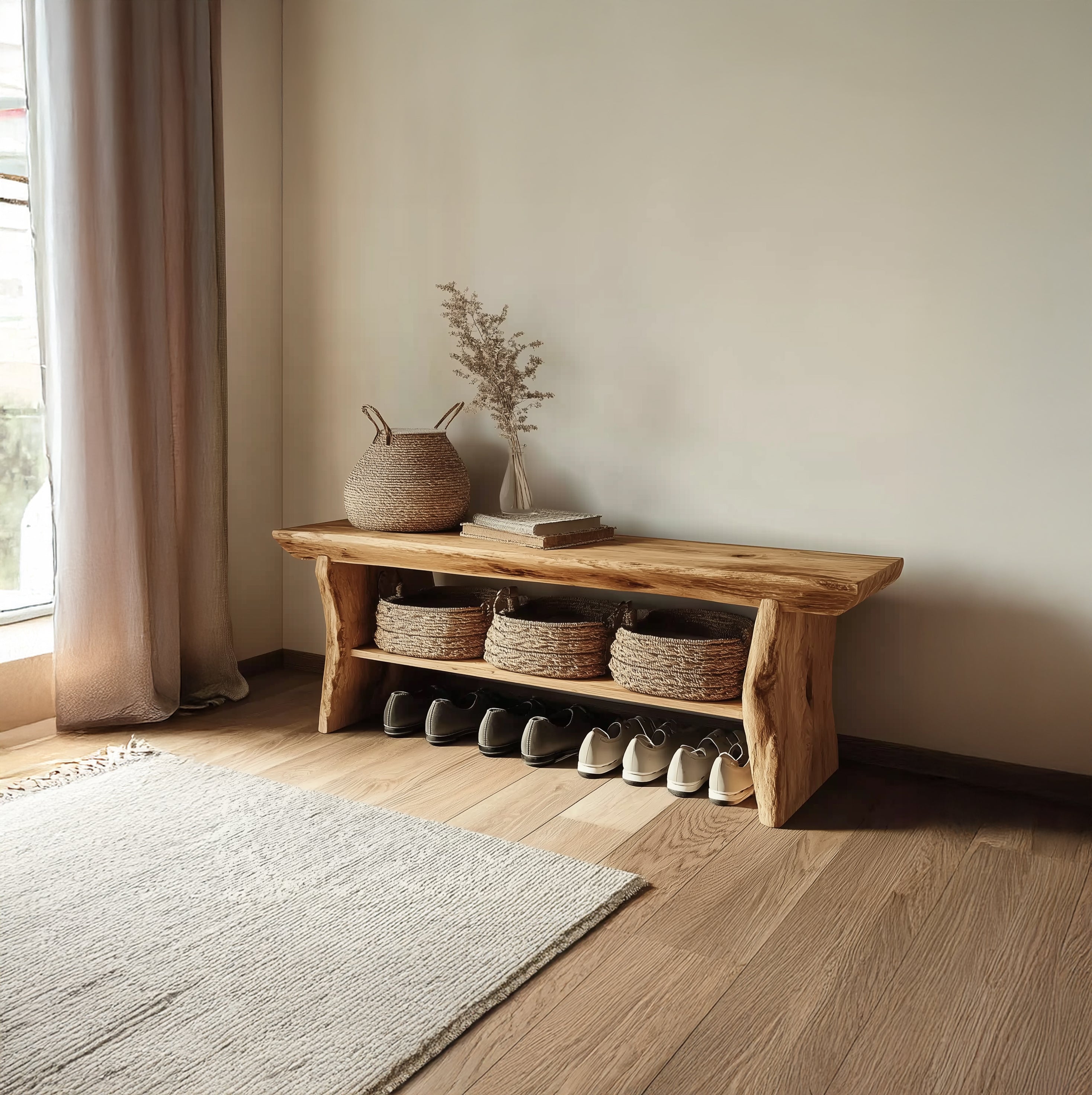 Holz-Bank mit Baumkante – Massivholz-Bank für den Flur mit Ablagefach