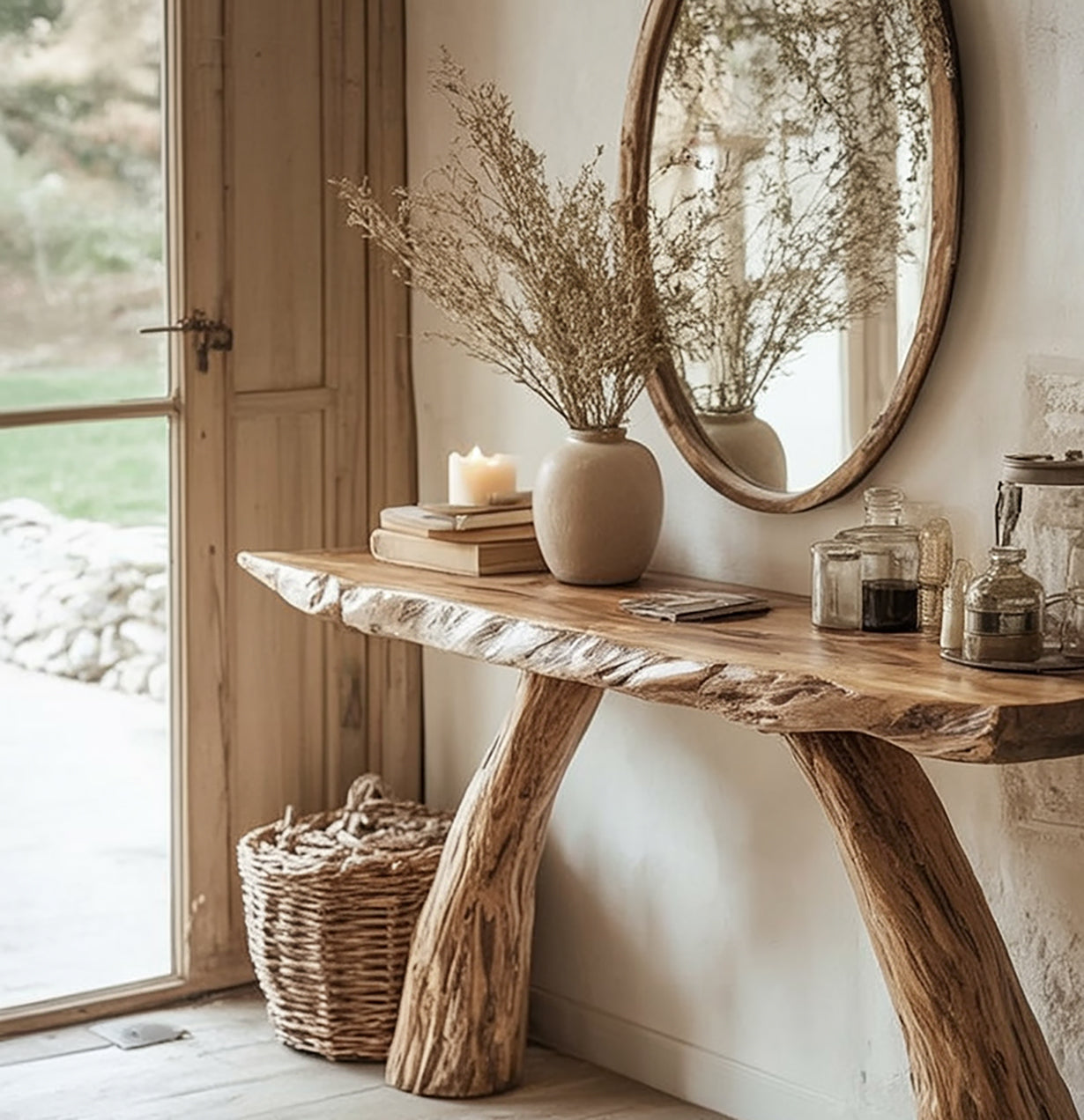 Handgefertigter Live-Edge Konsolentisch aus Massivholz – Rustikal