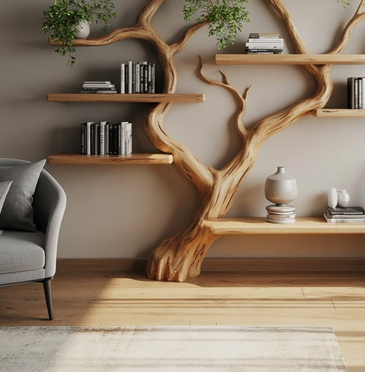 Live-Edge Baumast-Bücherregal – Handgefertigtes Holzregal für Zuhause