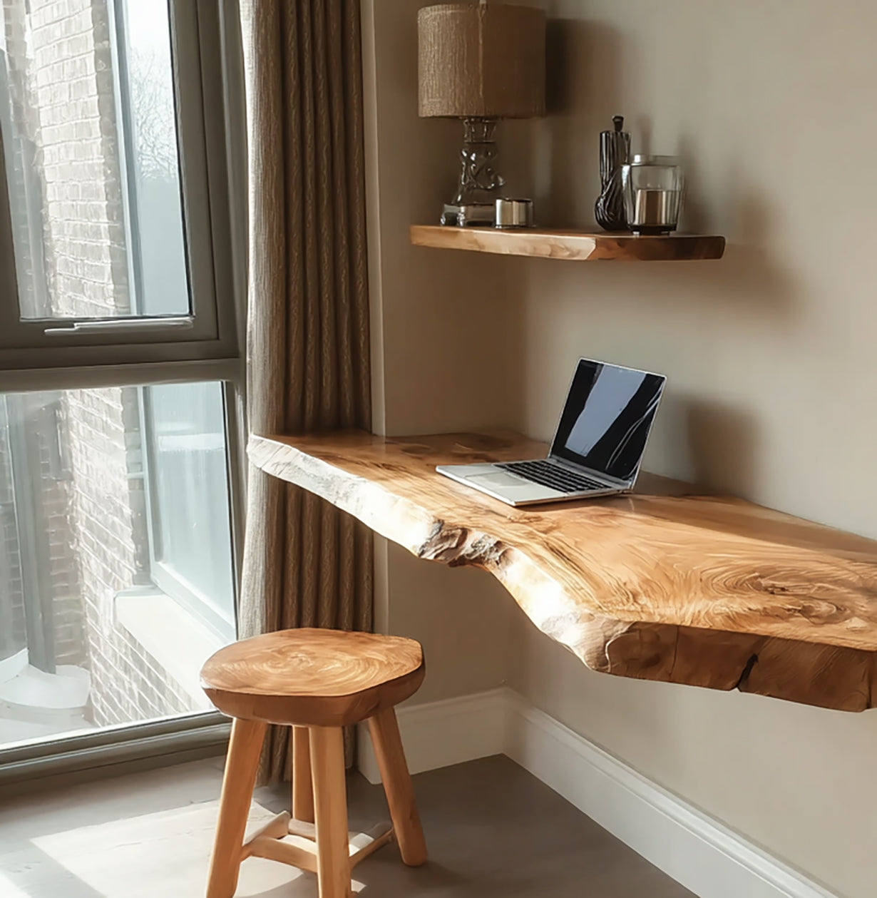 Handgefertigter schwebender Live-Edge-Wandschreibtisch aus Massivholz