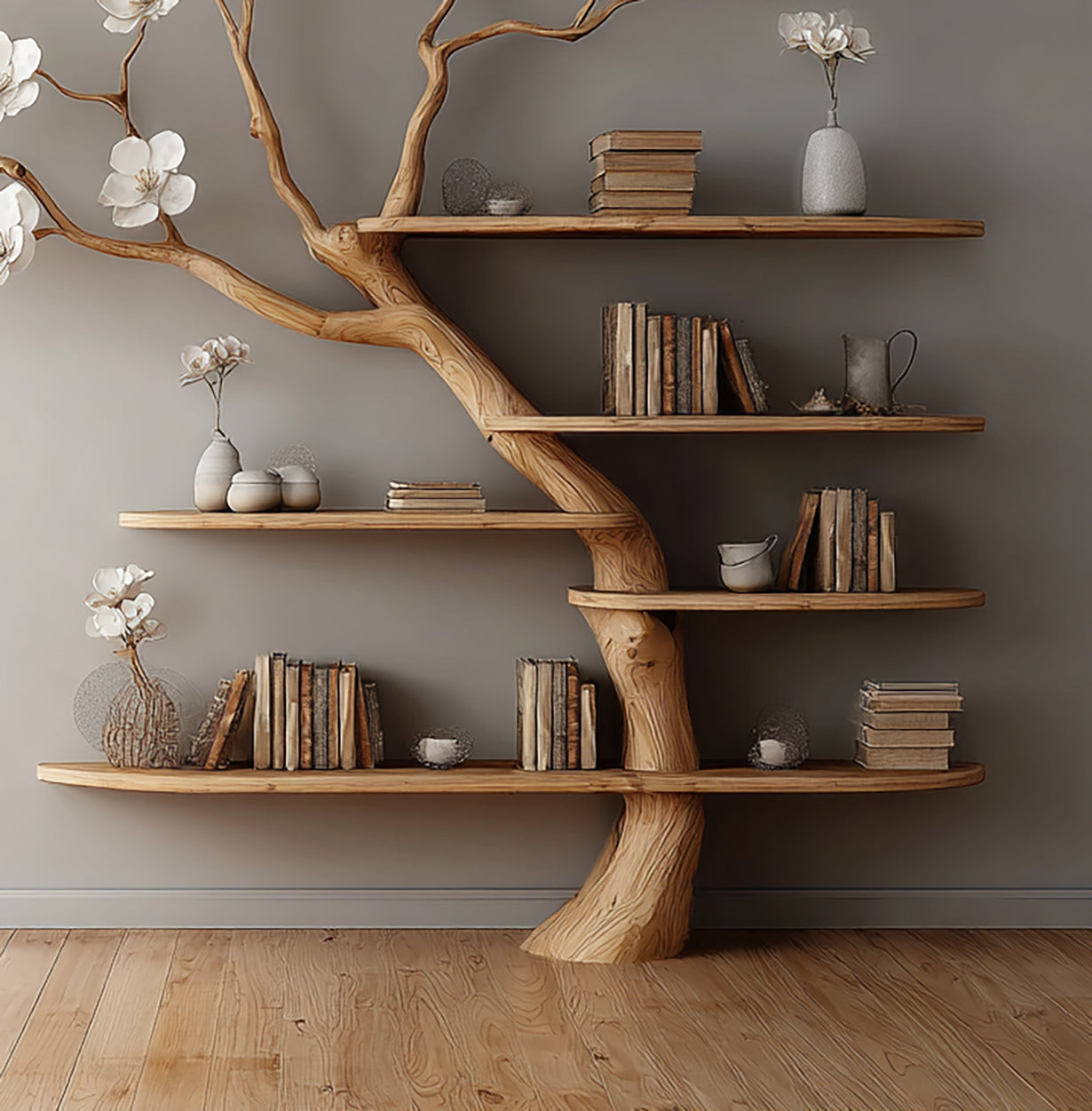 Blühendes Baum-Bücherregal – Handgefertigtes Holzregal für Zuhause