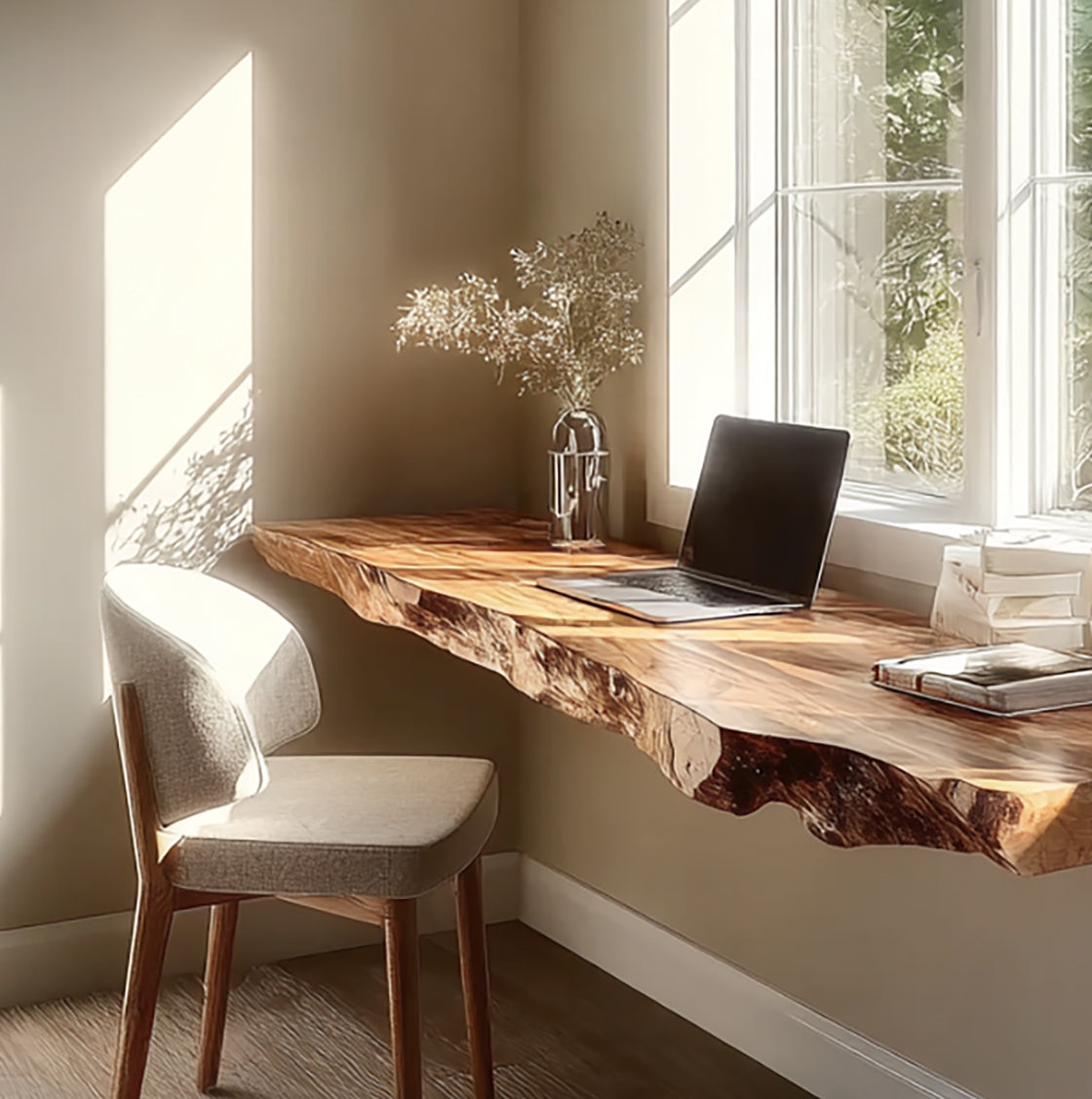 Schwebender Massivholz-Schreibtisch mit Naturkante für Homeoffice