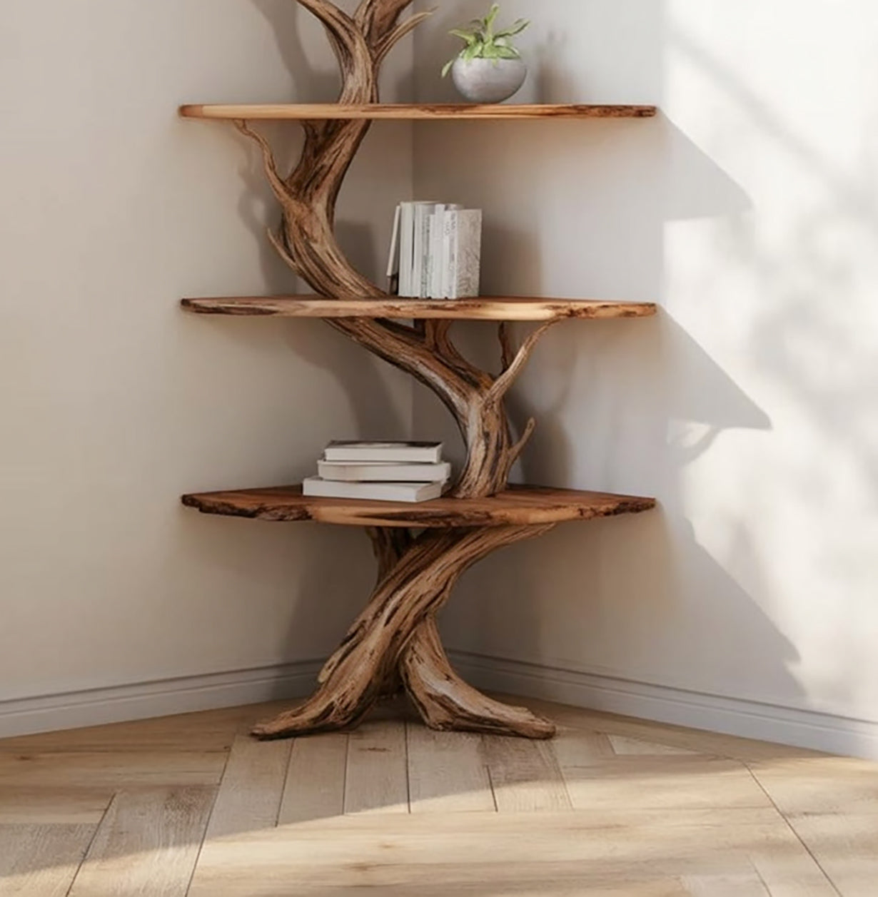 Baum Bücherregal Ecke – Wandregal aus Massivholz im Naturdesign