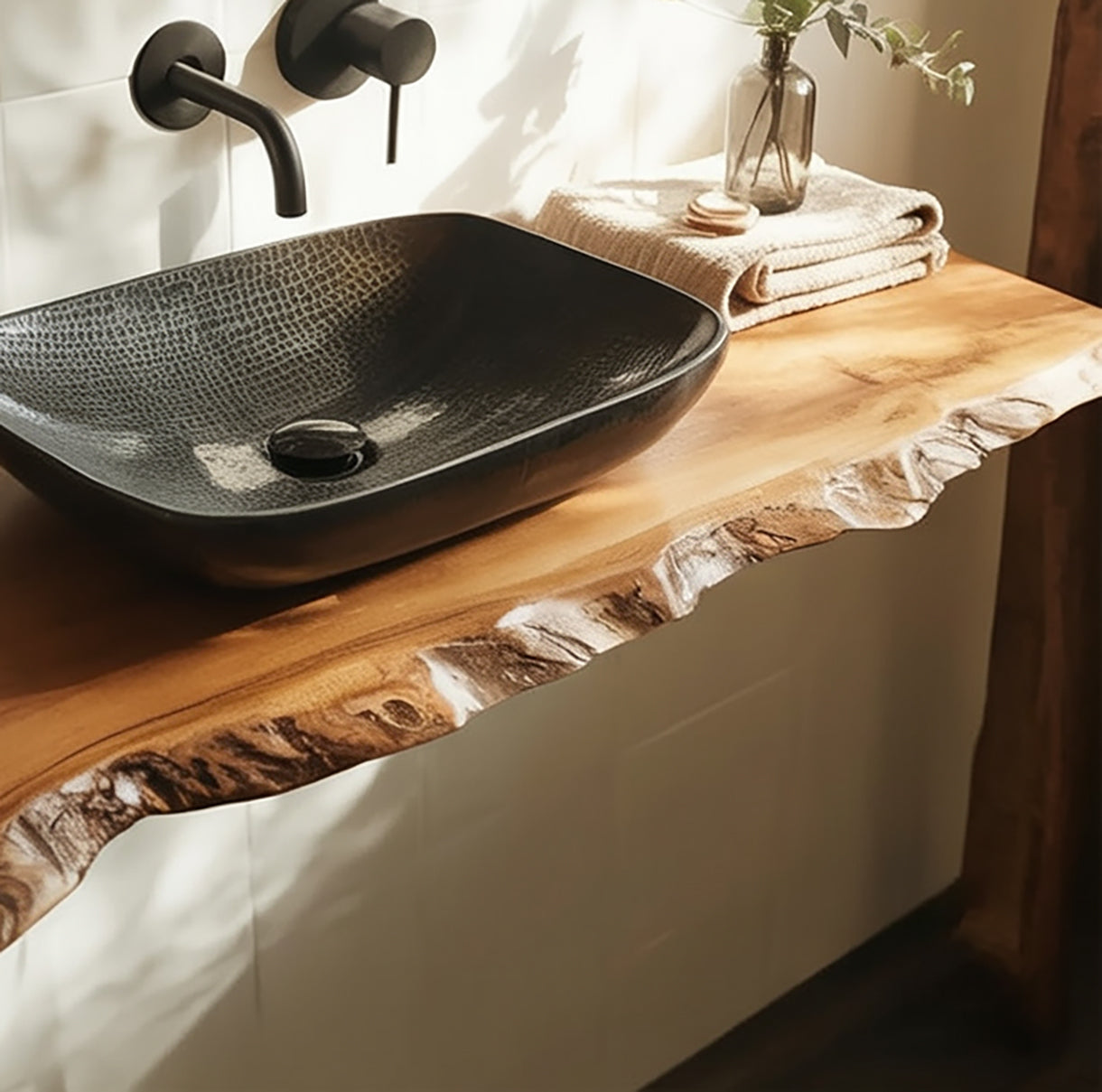 Live-Edge Badezimmer-Waschtisch aus Massivholz – handgefertigte Holzplatte