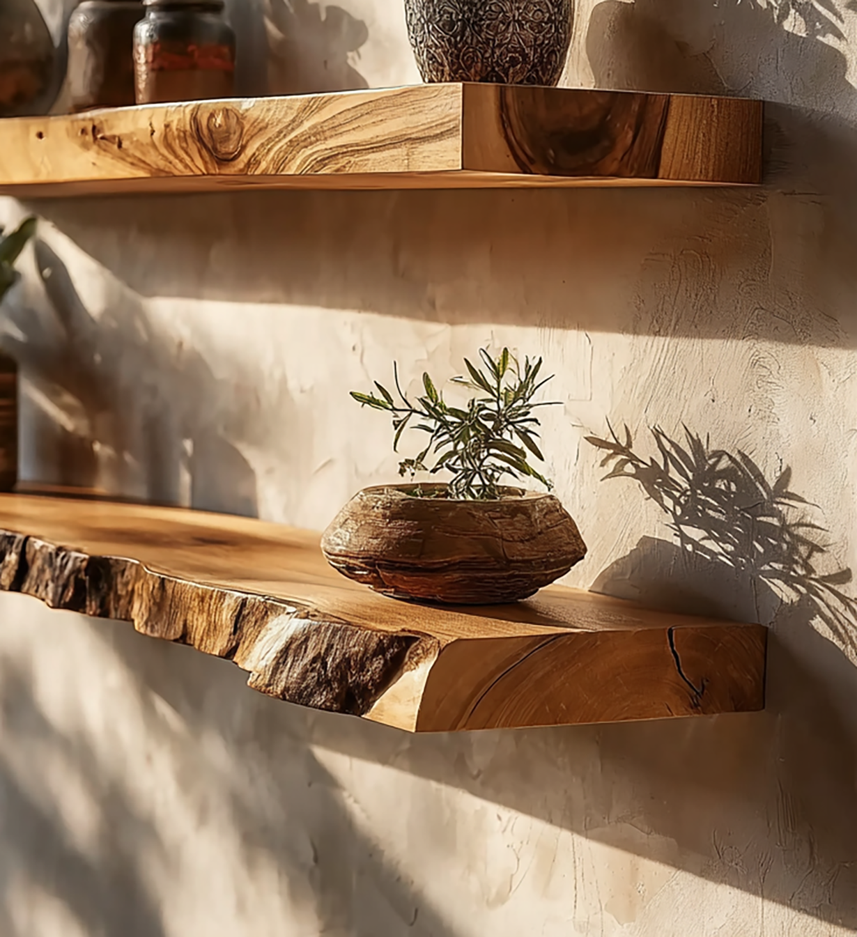 Natürliche Live-Edge-Floating Shelves – tiefes rustikales wandmontiertes Regal