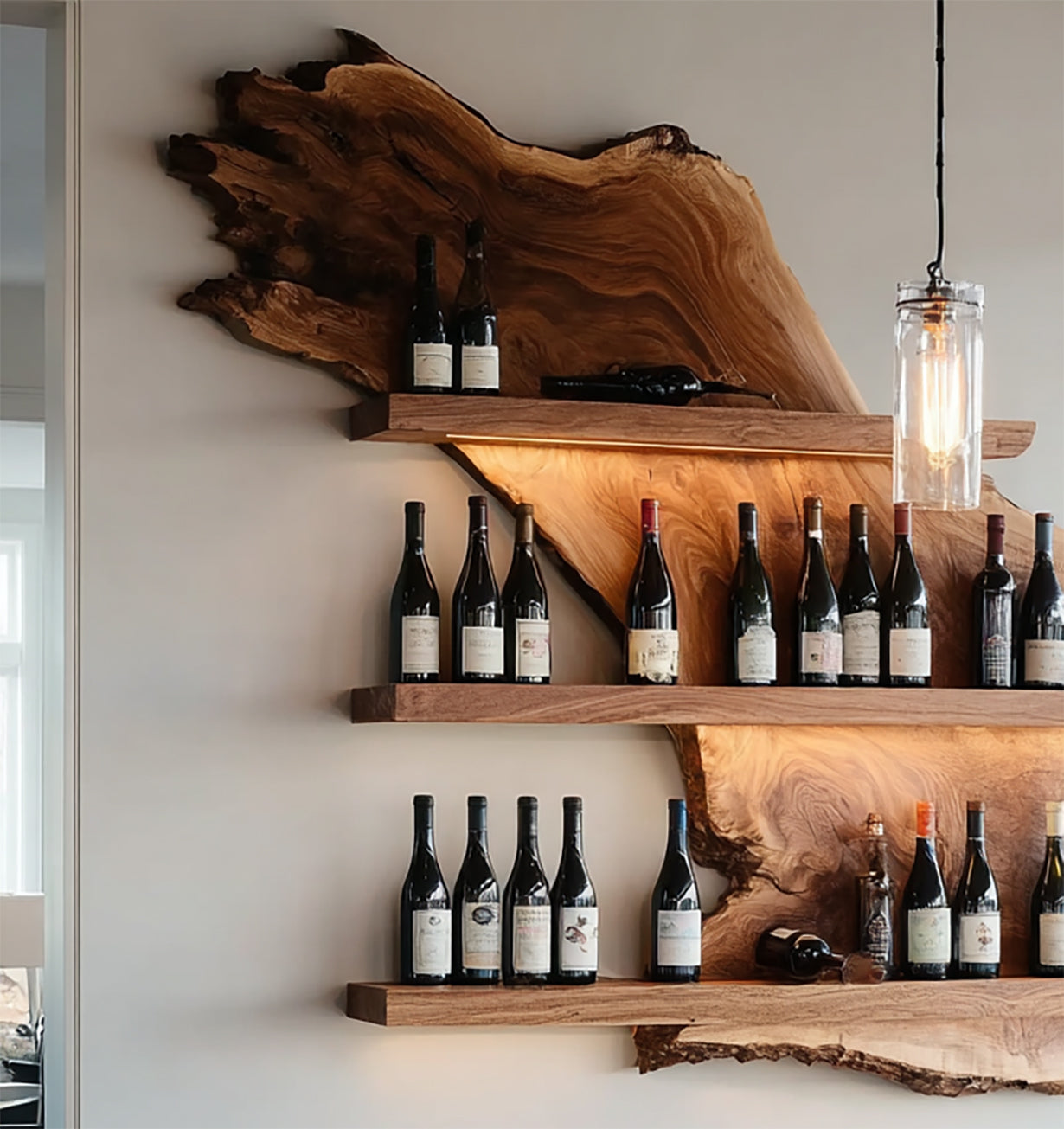Weinregal aus Massivholz mit Baumkante – handgefertigt, wandmontierbar