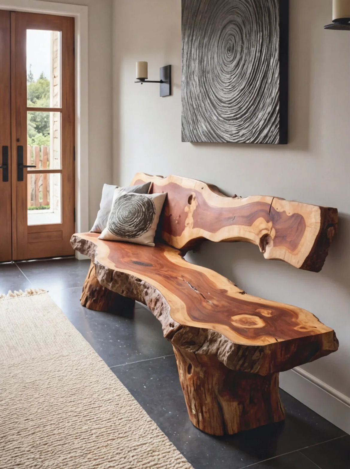 Baumkanten-Bank aus Massivholz im modernen Eingangsbereich mit naturinspiriertem Dekor und strukturierten Kissen.