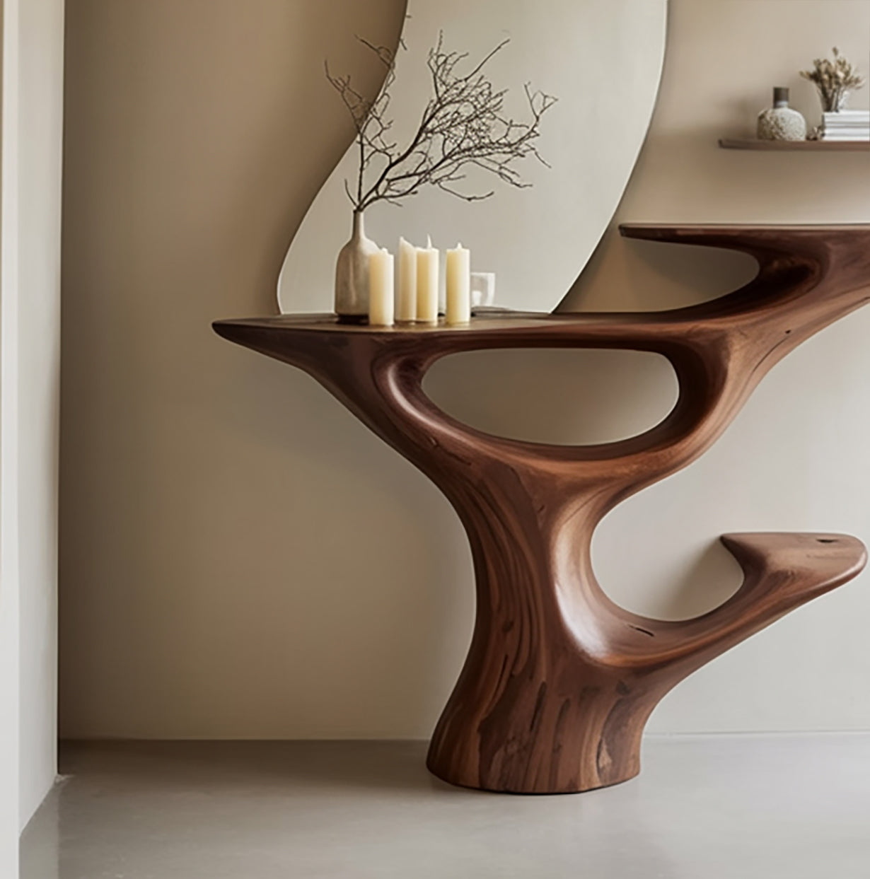 Handgefertigter Holz-Konsolentisch – Modernes, skulpturales Naturholzdesign