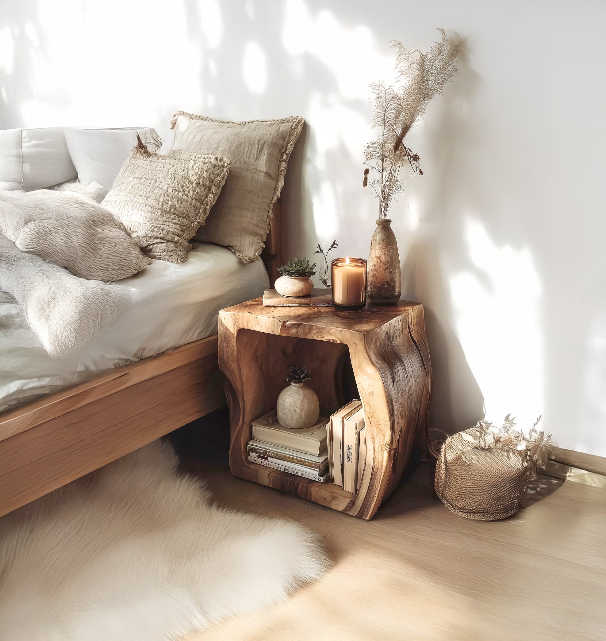 Nachttisch aus Massivholz mit Baumkante – handgefertigter Beistelltisch mit Regal