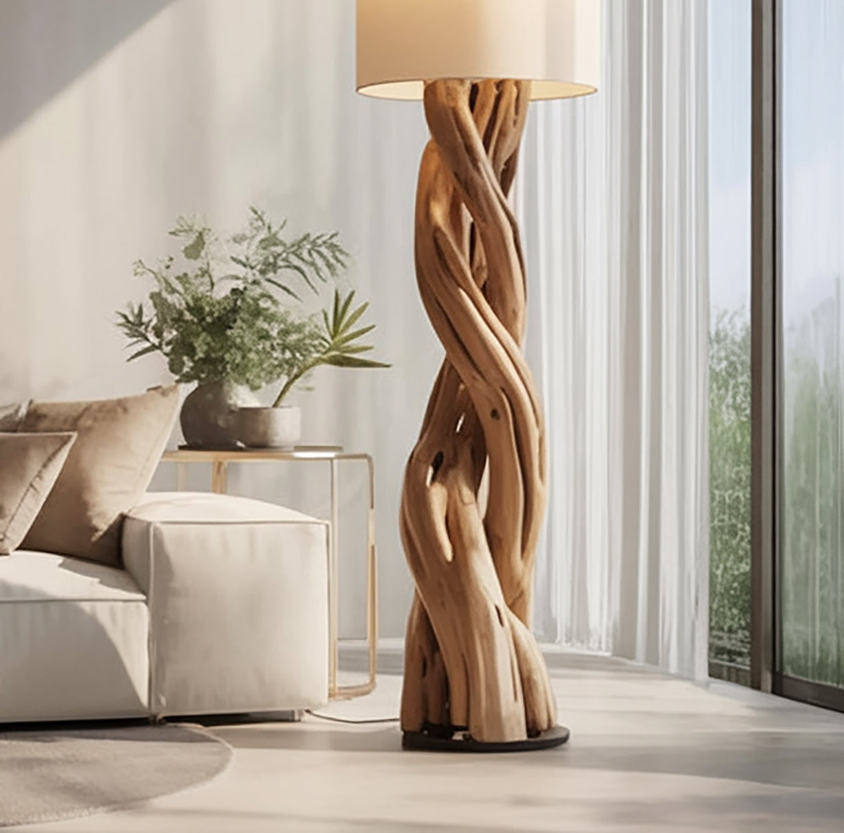 Moderne Stehlampe aus Holz – skulpturales, gedrehtes Design mit Stoffschirm