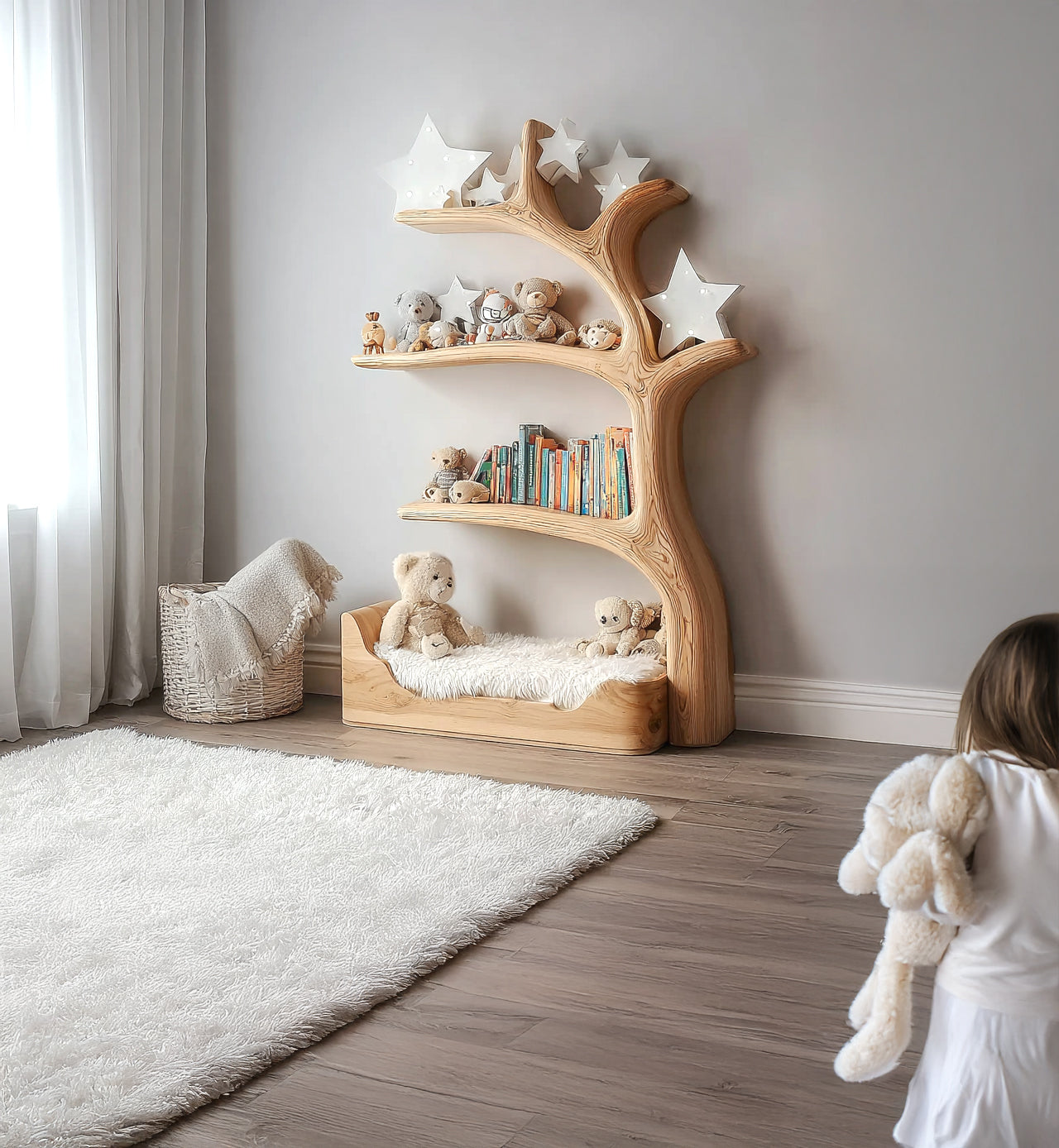 Handgefertigtes Kinder-Baumregal aus Holz – rustikales Eck- oder Astregal