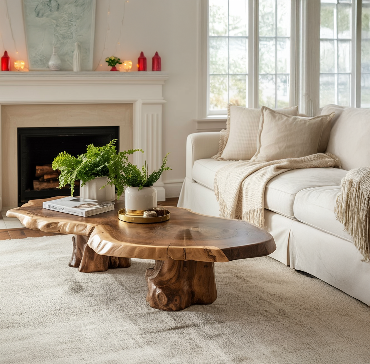 Handgefertigter Couchtisch mit Baumkante – Rustikales Massivholz, Landhausstil