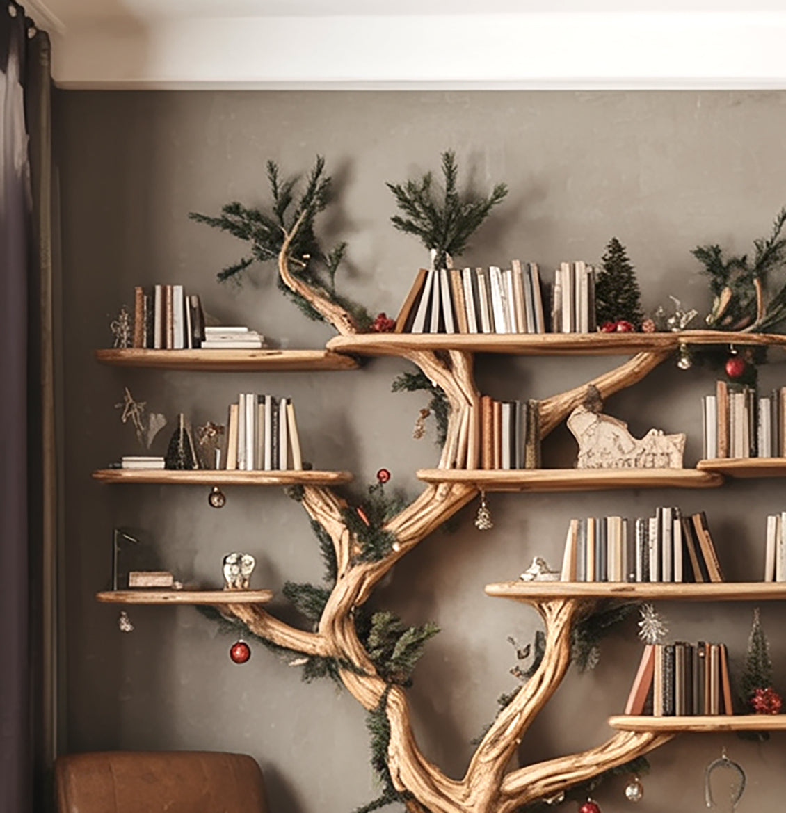 Rustikales Baum-Bücherregal aus Holz – Ast-Design fürs Wohnzimmer