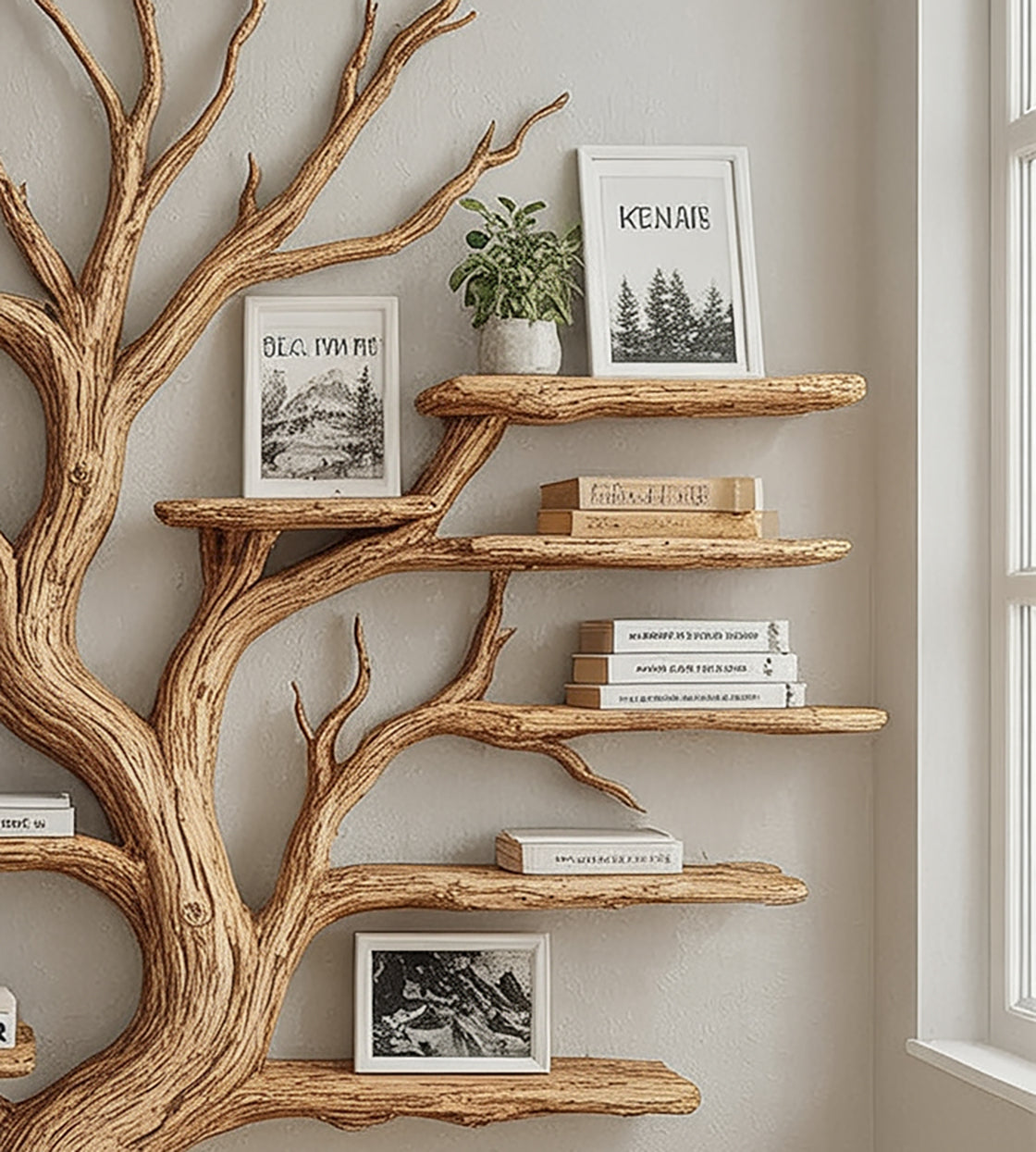 Rustikales Baum-Bücherregal aus Holz – Ast-Design fürs Wohnzimmer