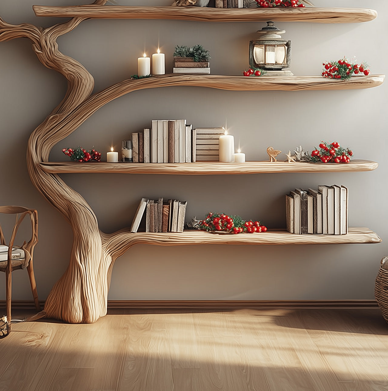 Handgefertigtes Baumregal – rustikales, wandmontiertes Bücherregal aus Holz für dein Zuhause