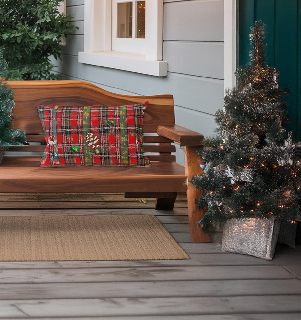 Rustikale Outdoor-Holzbank – geschwungene Rückenlehne für Veranda & Garten