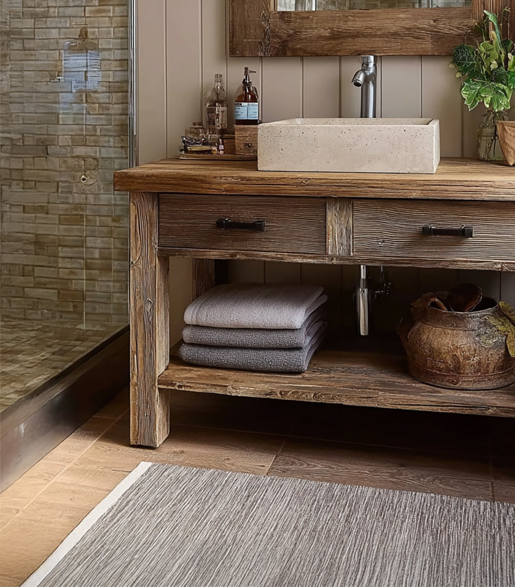 Rustikaler handgefertigter Waschtisch aus Holz – Live-Edge-Massivholzschrank