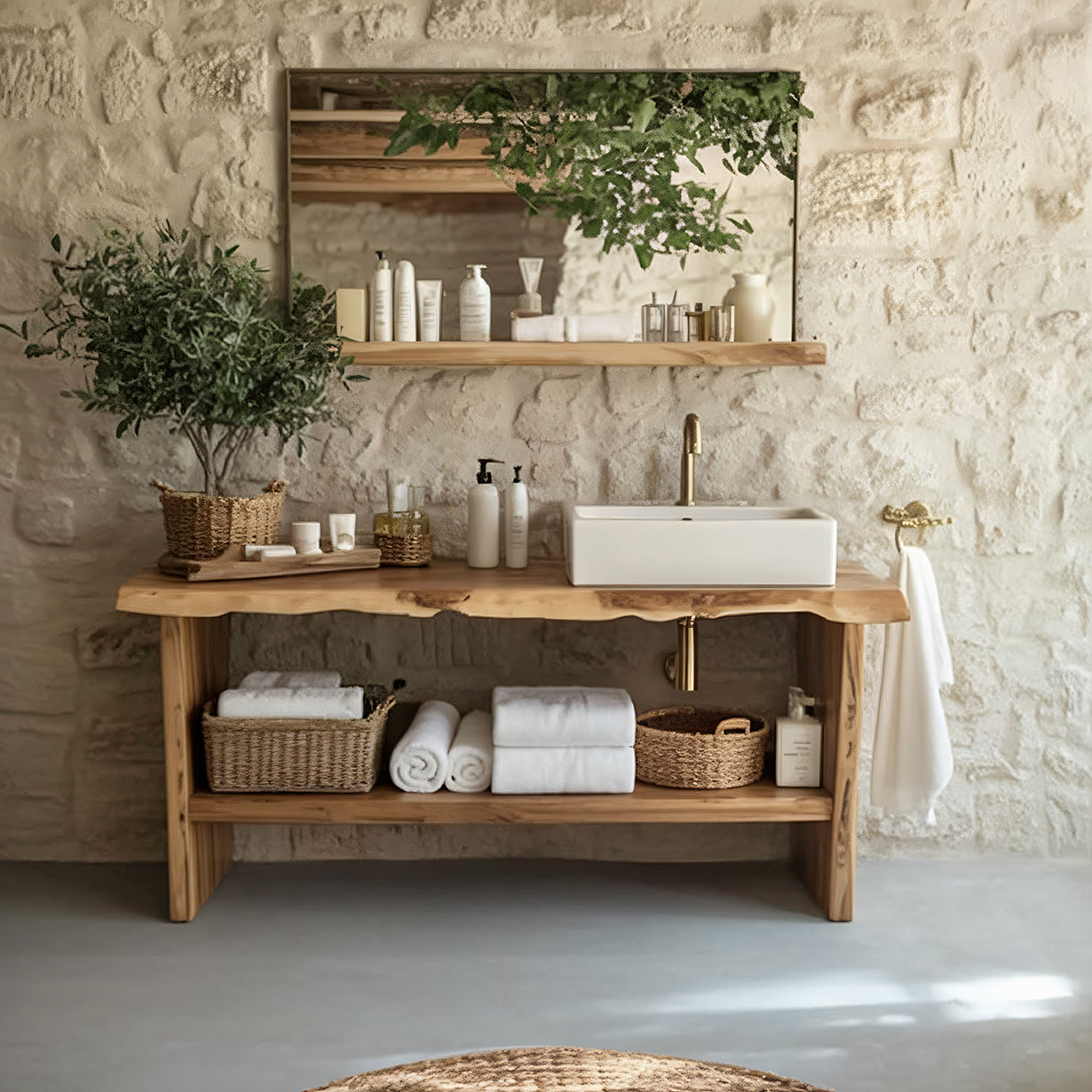 Rustikales Badezimmer-Waschtischmöbel aus Massivholz mit Naturkante