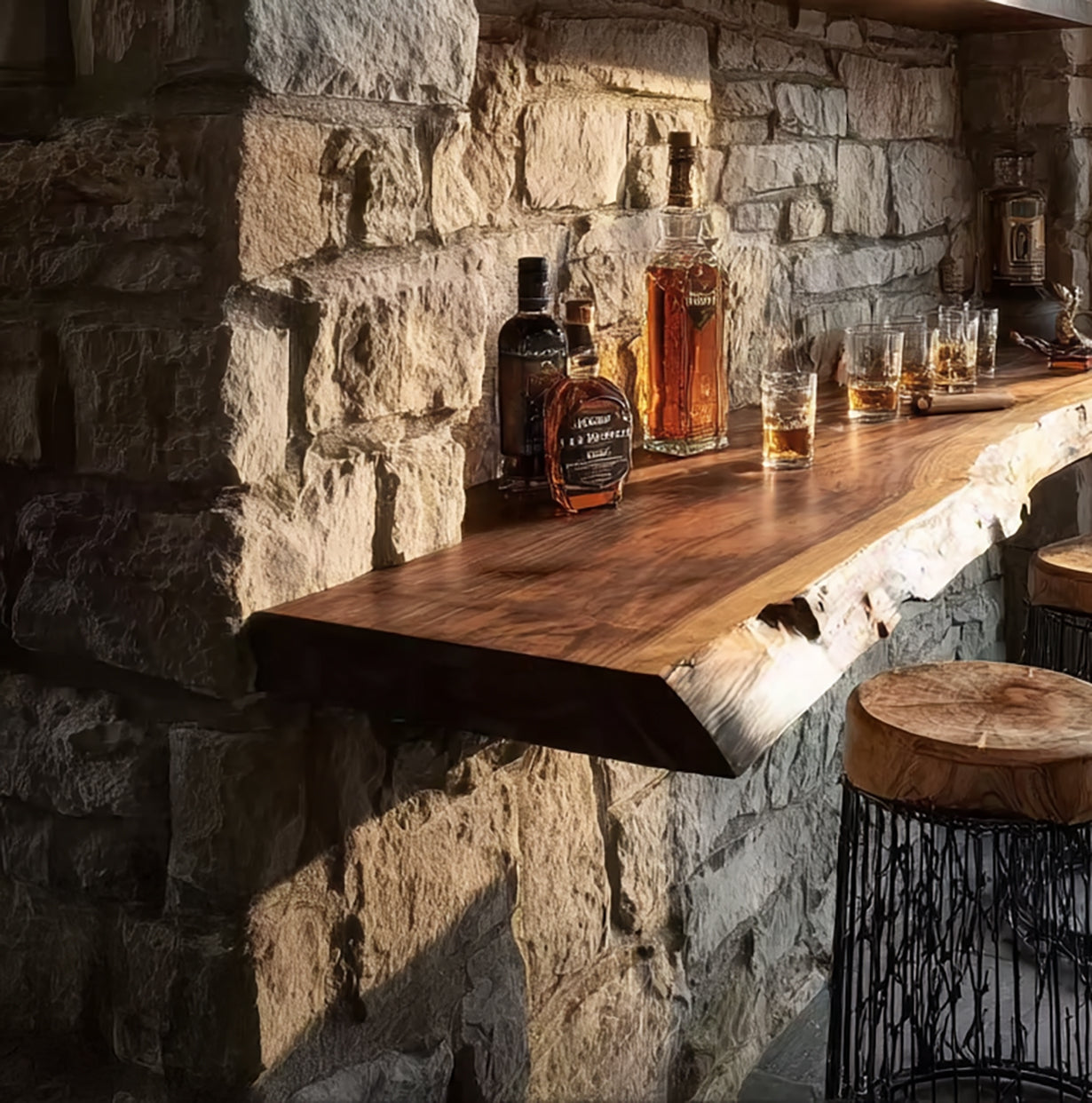 Schwebender Bar-Tisch aus Massivholz mit Naturkante – handgefertigtes Wandregal