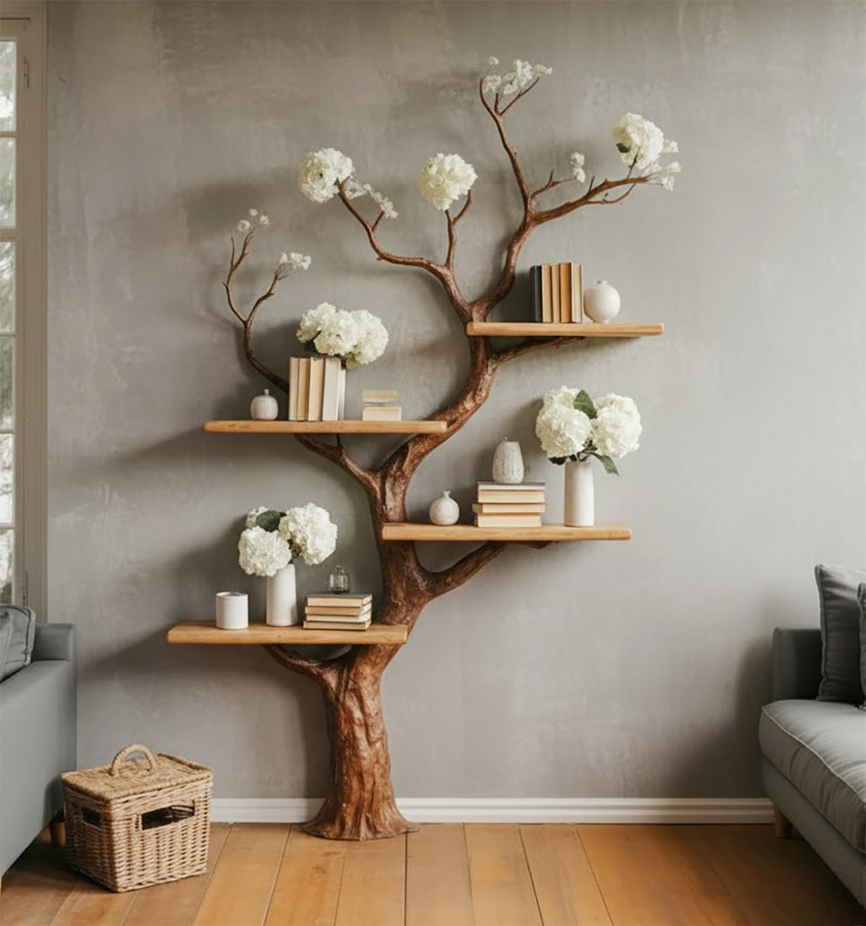 Handgefertigtes Baum-Bücherregal aus Massivholz im Naturdesign