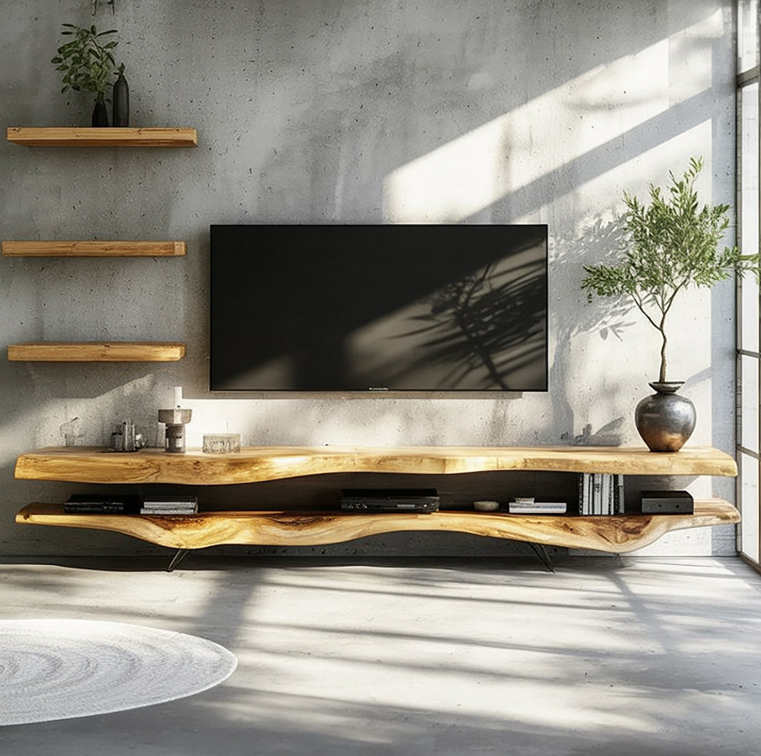 2-teiliges Massivholz-TV-Lowboard mit Rustikalen Schweberegalen