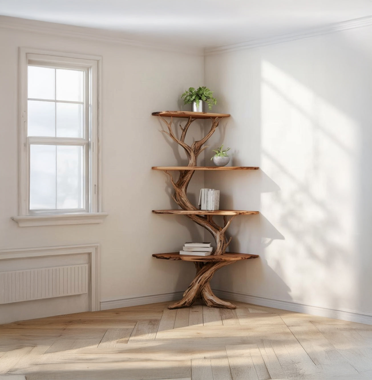 Baum Bücherregal Ecke – Wandregal aus Massivholz im Naturdesign