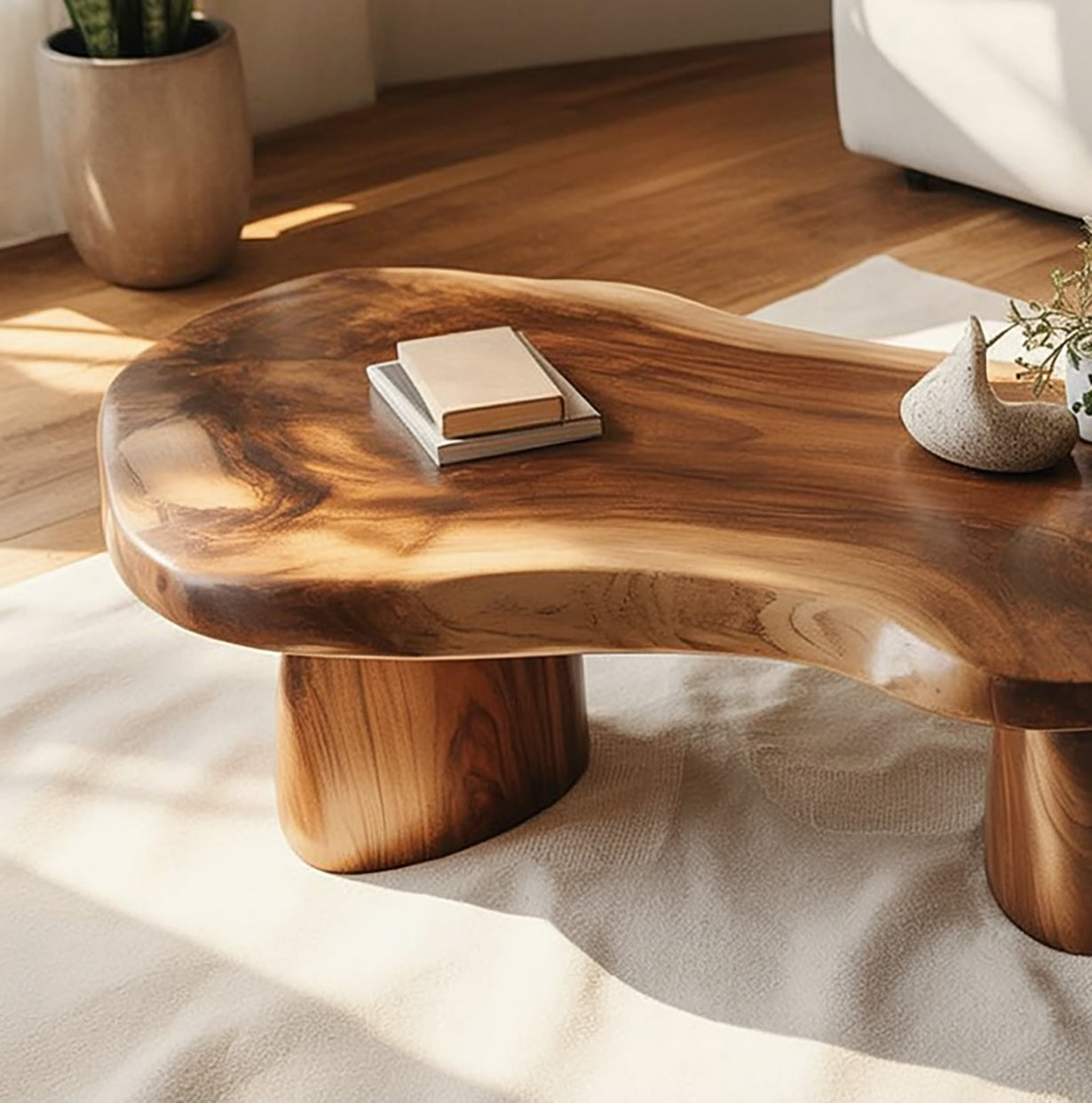 Handgefertigter Massivholz-Couchtisch – Organischer Skulpturaler Moderner Wohnzimmertisch
