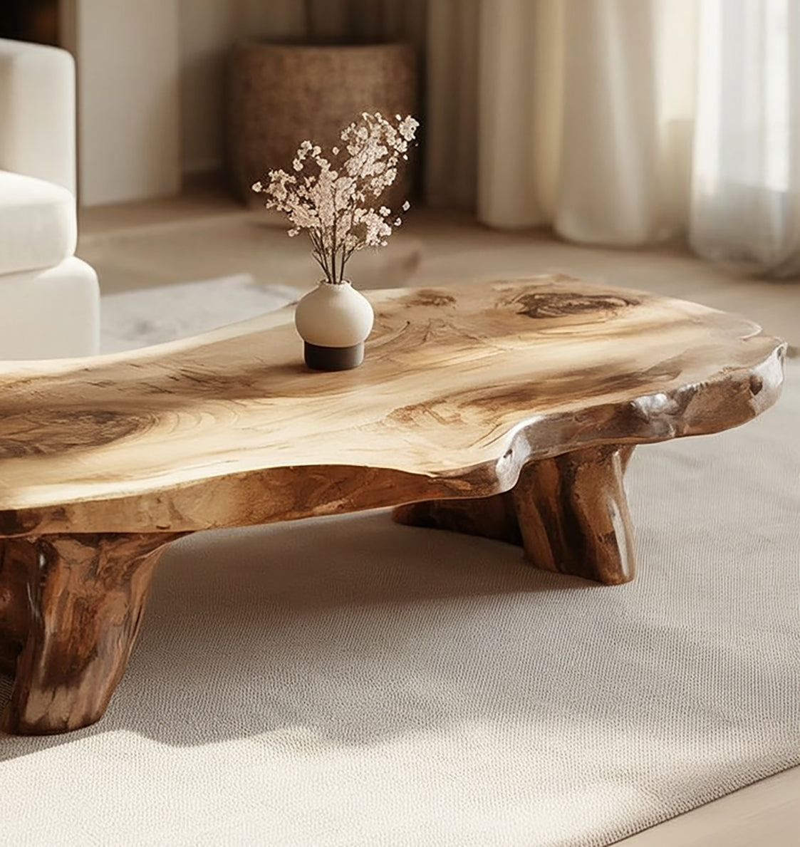 Handgefertigter Massivholz-Couchtisch – Skulpturaler Organischer Moderner Tisch