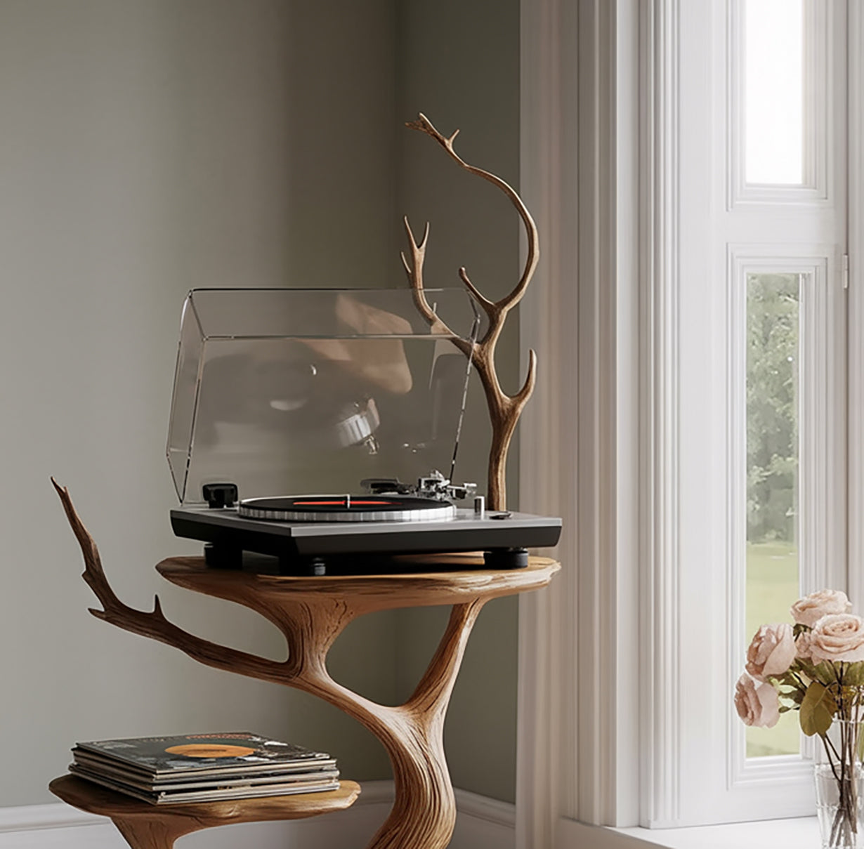 Handgefertigter Plattenspieler-Ständer aus Massivholz – Skulptural