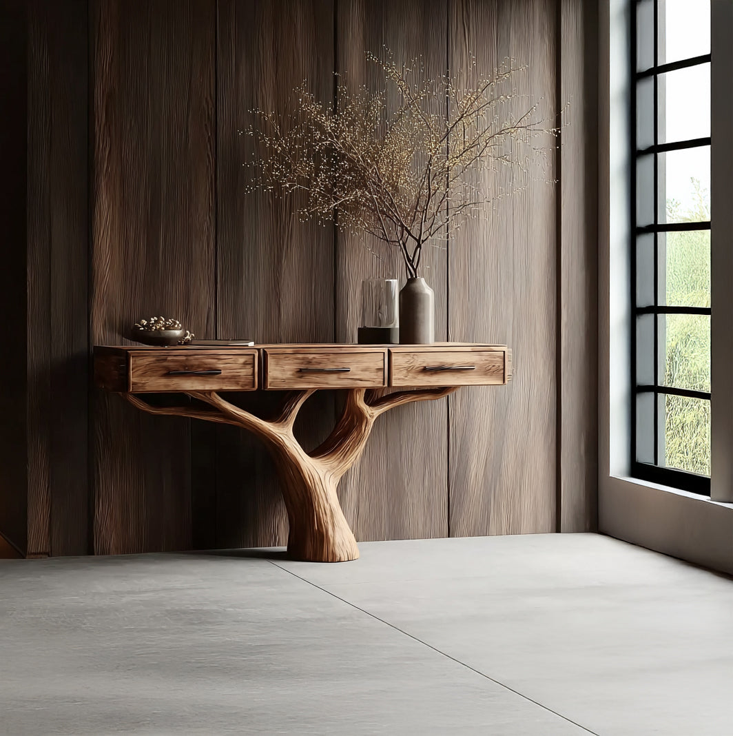 Handgefertigter Naturholz-Konsolentisch mit Baum-inspirierter Basis – Luxus für Diele