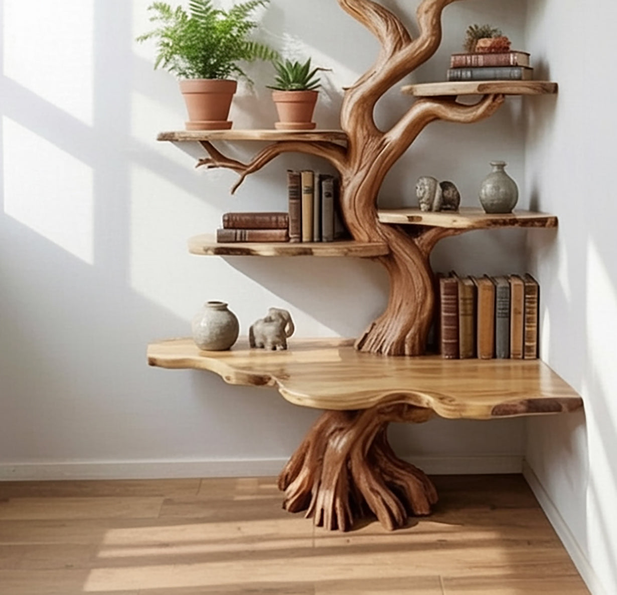 Baum Eck Bücherregal aus Holz – Ast Wandregal Handarbeit