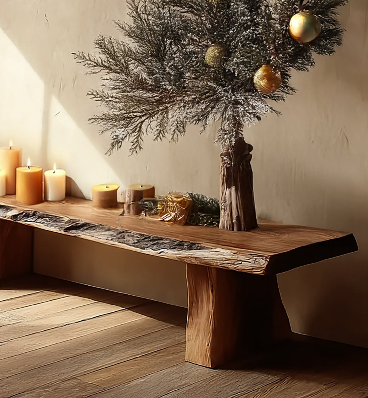 Handgefertigte Holzbank – Massivholz-Slabentisch mit Baumkante für rustikale Deko