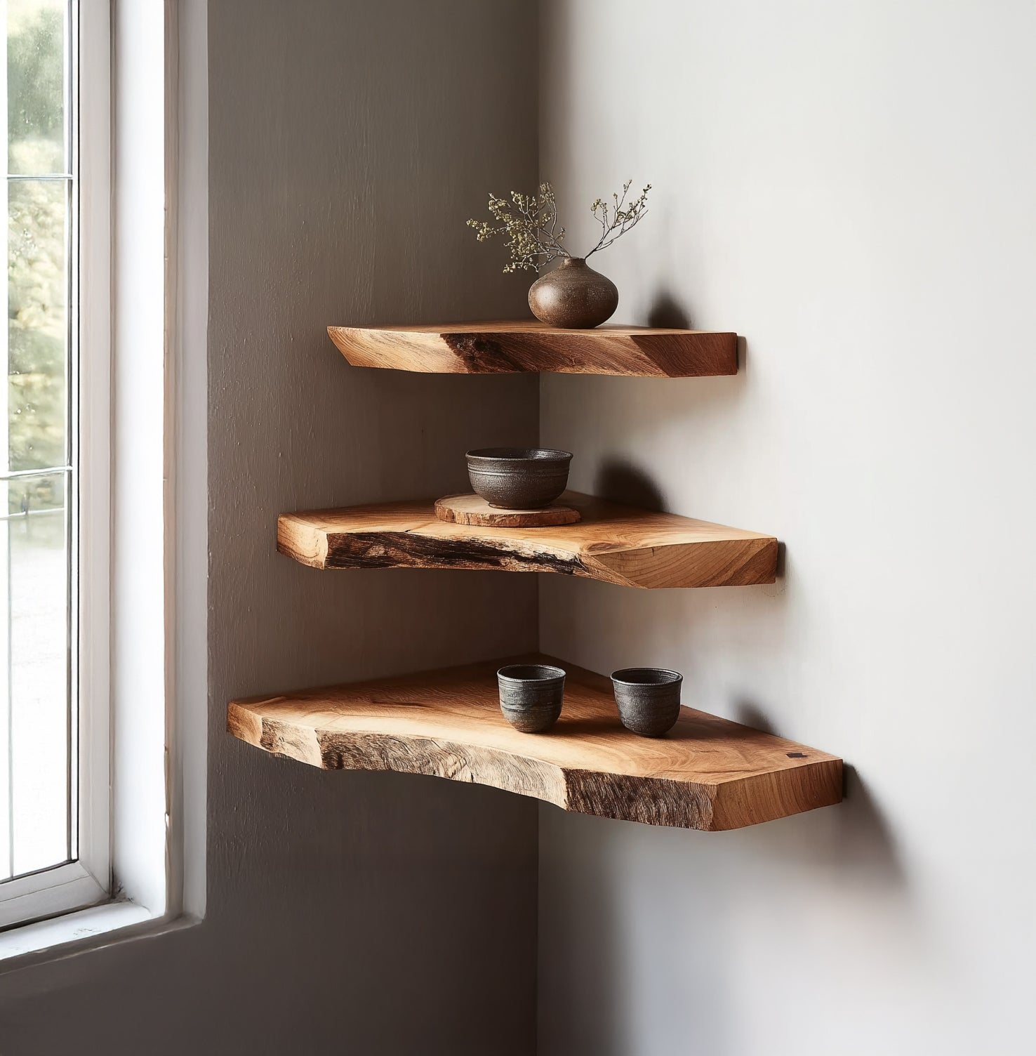 Handgefertigte Live-Edge-Eckregale – Rustikale Massivholz-Wandregale, schwebend