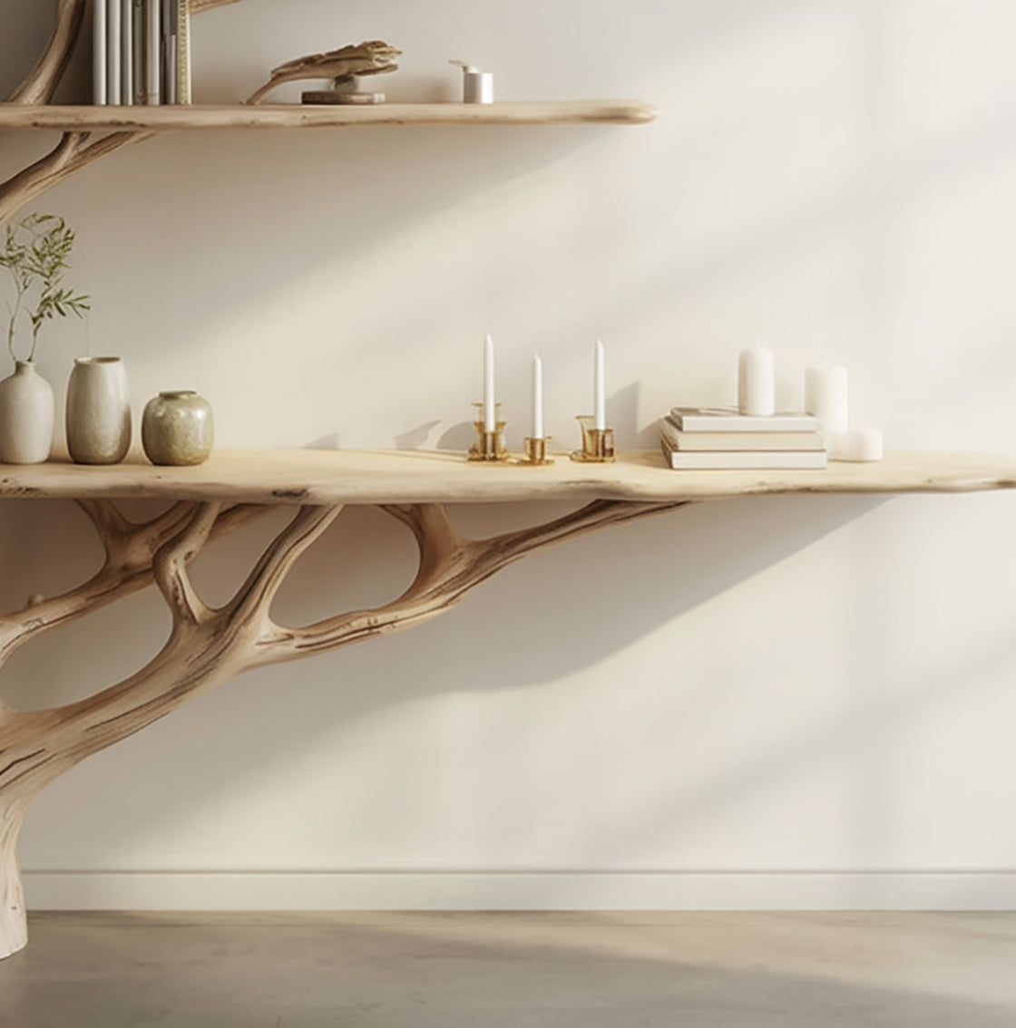 Live-Edge Konsolentisch aus Massivholz mit handgefertigten Astregalen