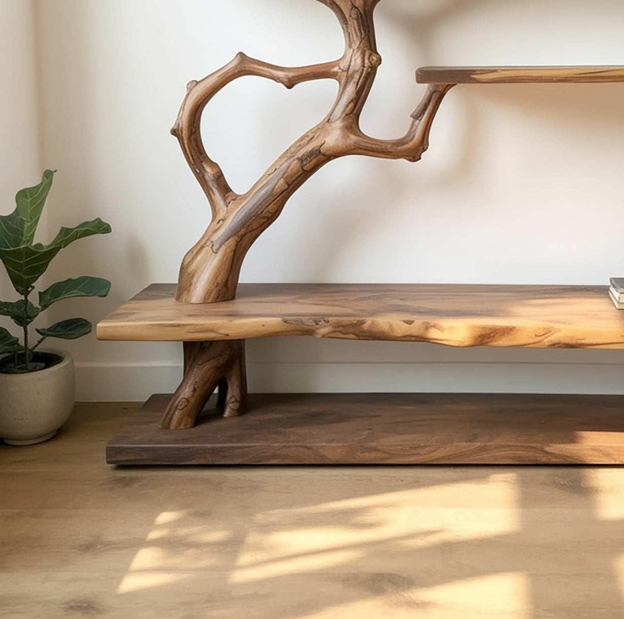Rustikaler schmaler Konsolentisch mit Regalen aus recyceltem Holz, Naturkante